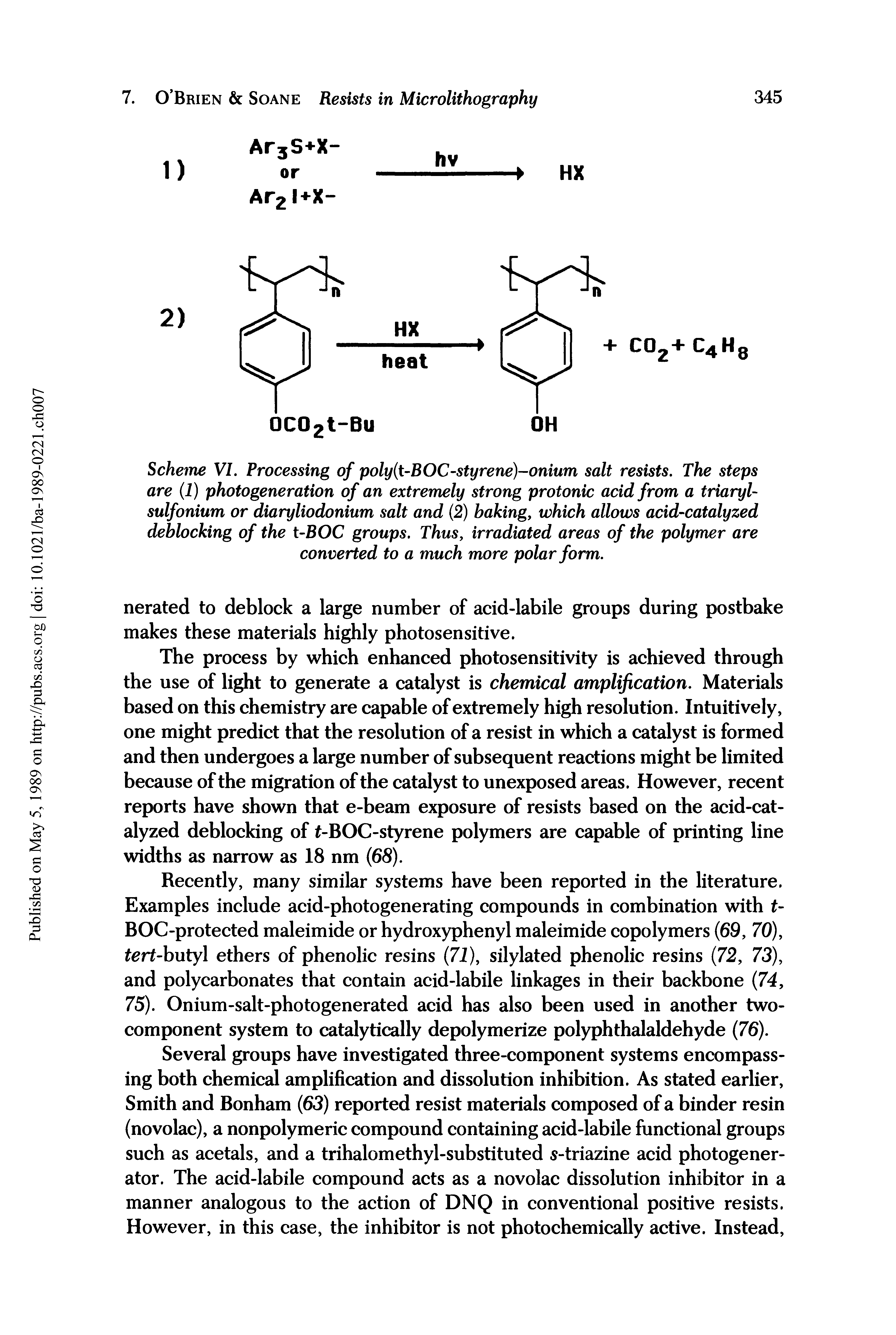 Scheme VI. Processing of poly(t-BOC-styrene)-onium salt resists. The steps are (1) photogeneration of an extremely strong protonic acid from a triaryl-sulfonium or diaryliodonium salt and (2) baking, which allows acid-catalyzed deblocking of the t-BOC groups. Thus, irradiated areas of the polymer are converted to a much more polar form.
