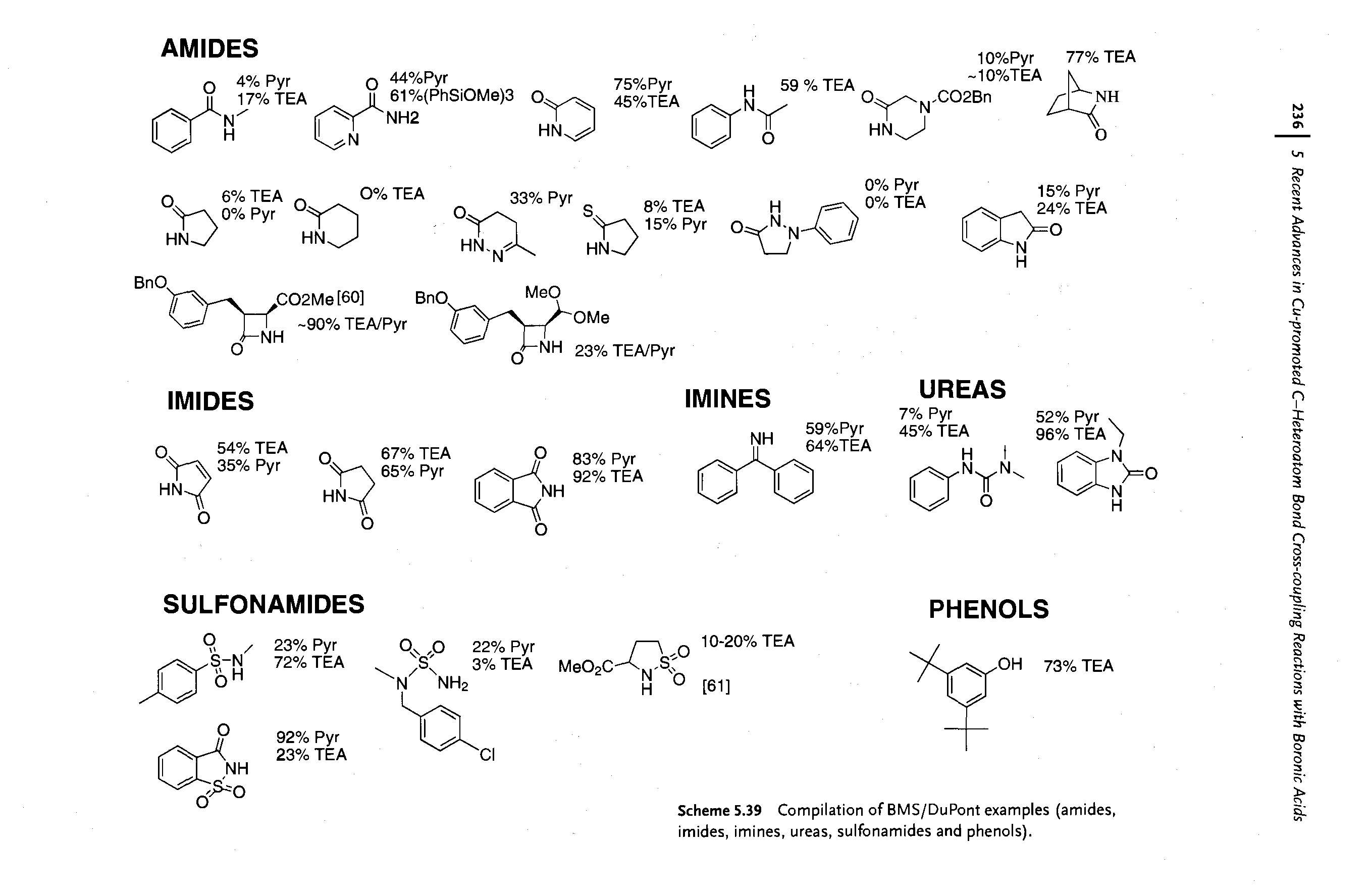Scheme 5.39 Compilation of BMS/DuPont examples (amides, imides, imines, ureas, sulfonamides and phenols).