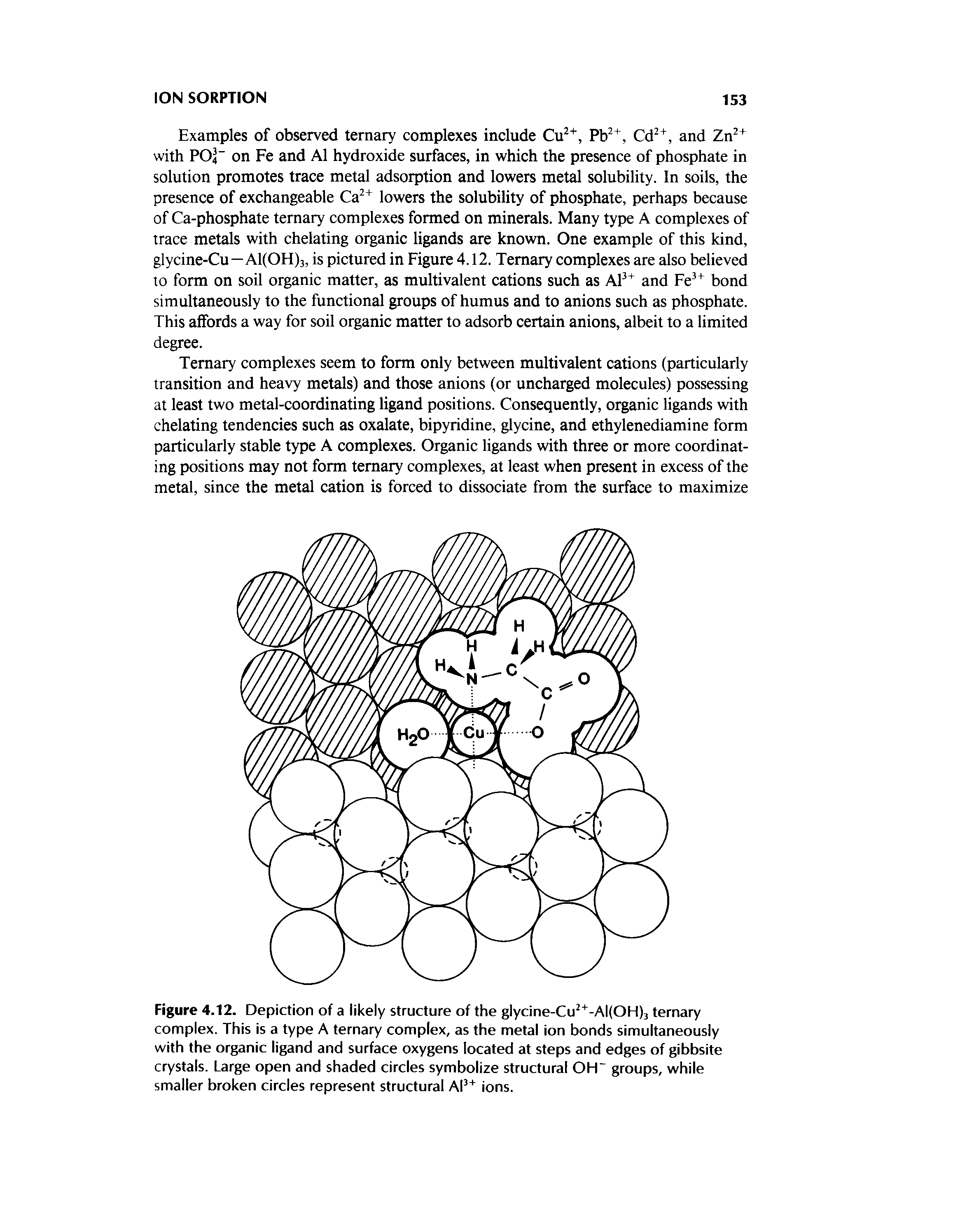 Figure 4.12. Depiction of a likely structure of the glycine-Cu -AI(OH)3 ternary complex. This is a type A ternary complex, as the metal ion bonds simultaneously with the organic ligand and surface oxygens located at steps and edges of gibbsite crystals. Large open and shaded circles symbolize structural OH groups, while smaller broken circles represent structural AP ions.