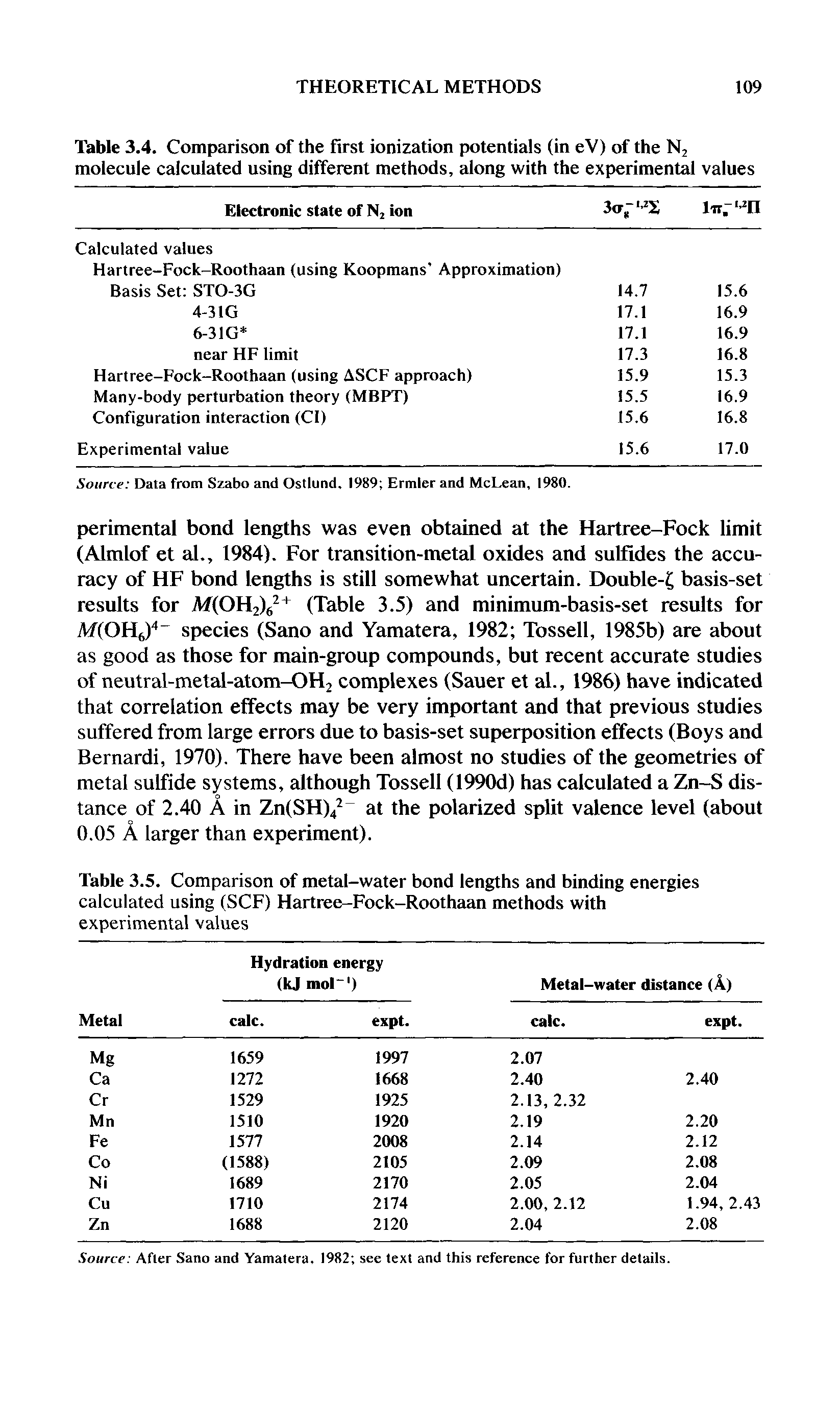 Table 3.5. Comparison of metal-water bond lengths and binding energies calculated using (SCF) Hartree-Fock-Roothaan methods with...