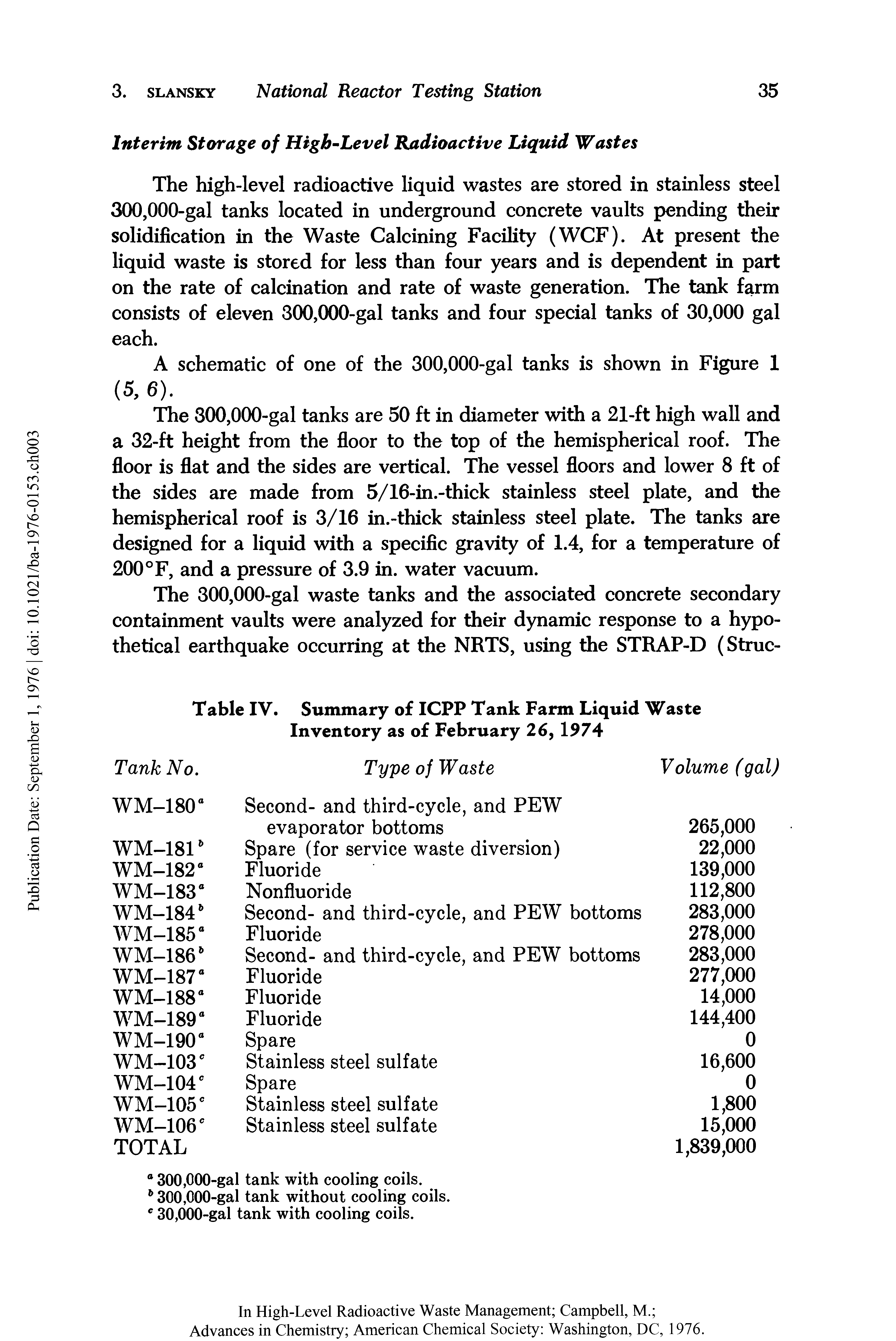 Table IV. Summary of ICPP Tank Farm Liquid Waste Inventory as of February 26, 1974...