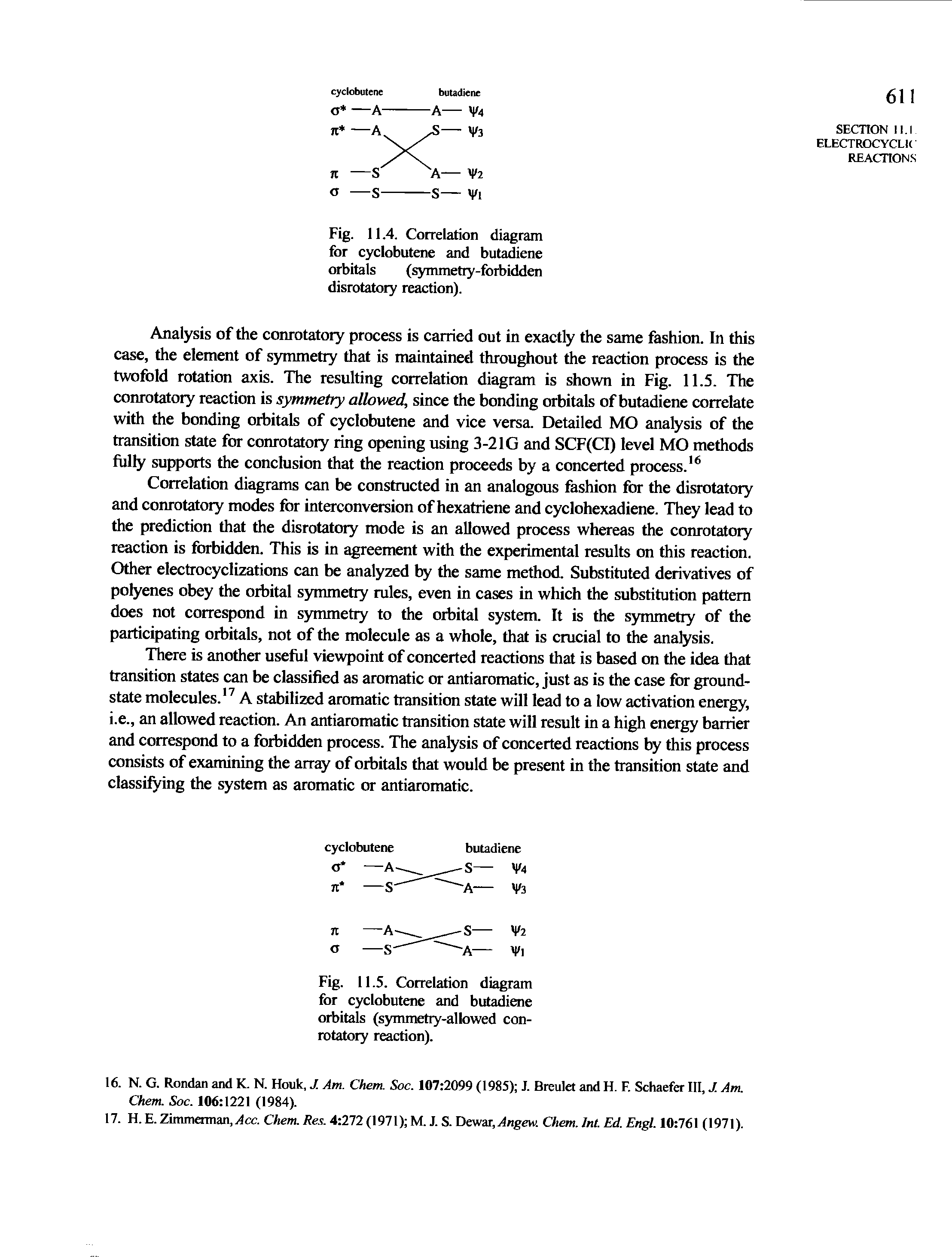 Fig. 11.5. Correlation diagram for cyclobutene and butadiene orbitals (symmetry-allowed conrotatory reaction).