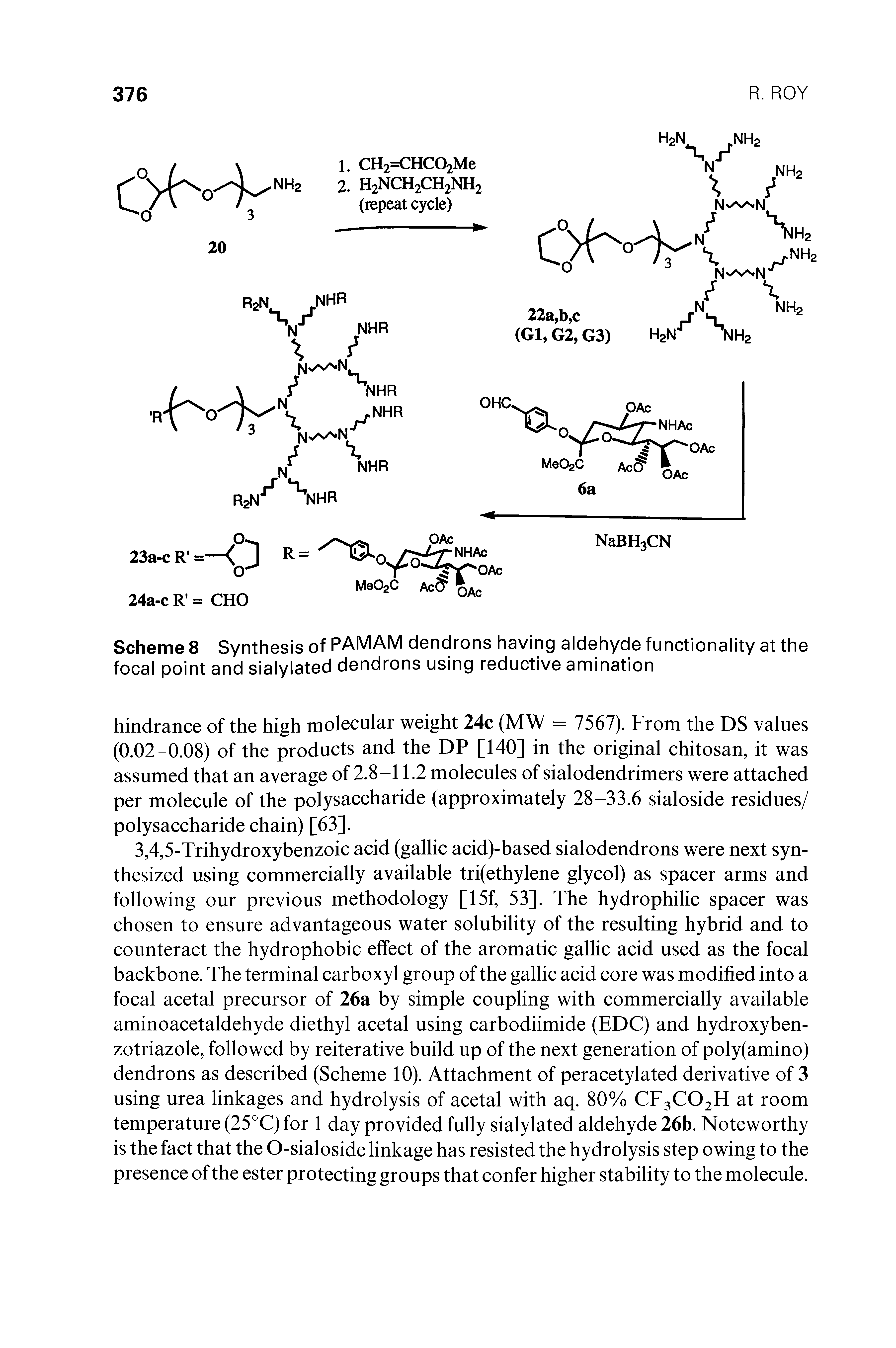 Scheme 8 Synthesis of PAMAM dendrons having aldehyde functionality at the focal point and sialylated dendrons using reductive amination...