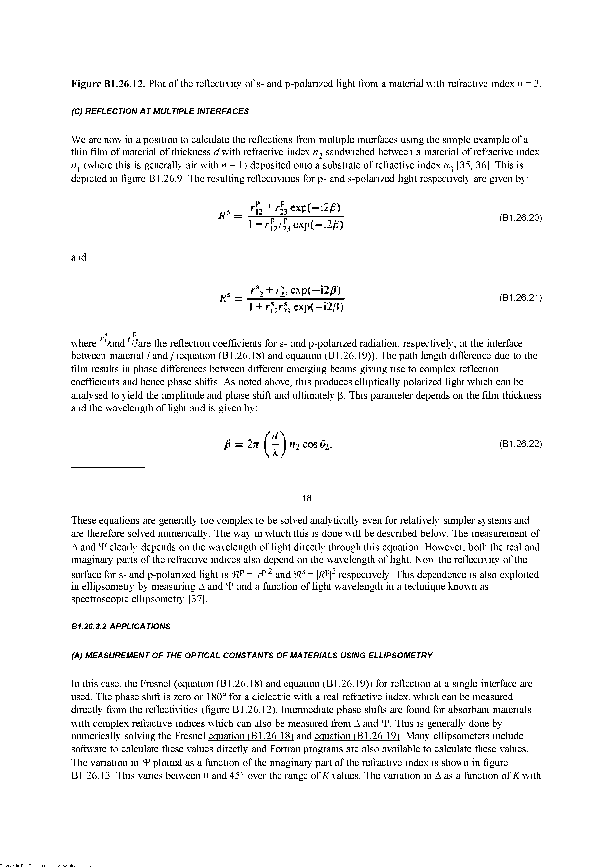 Figure Bl.26.12. Plot of the reflectivity of s- and p-polarized light from a material with refractive index n = 3. (C) REFLECTION AT MULTIPLE INTERFACES...