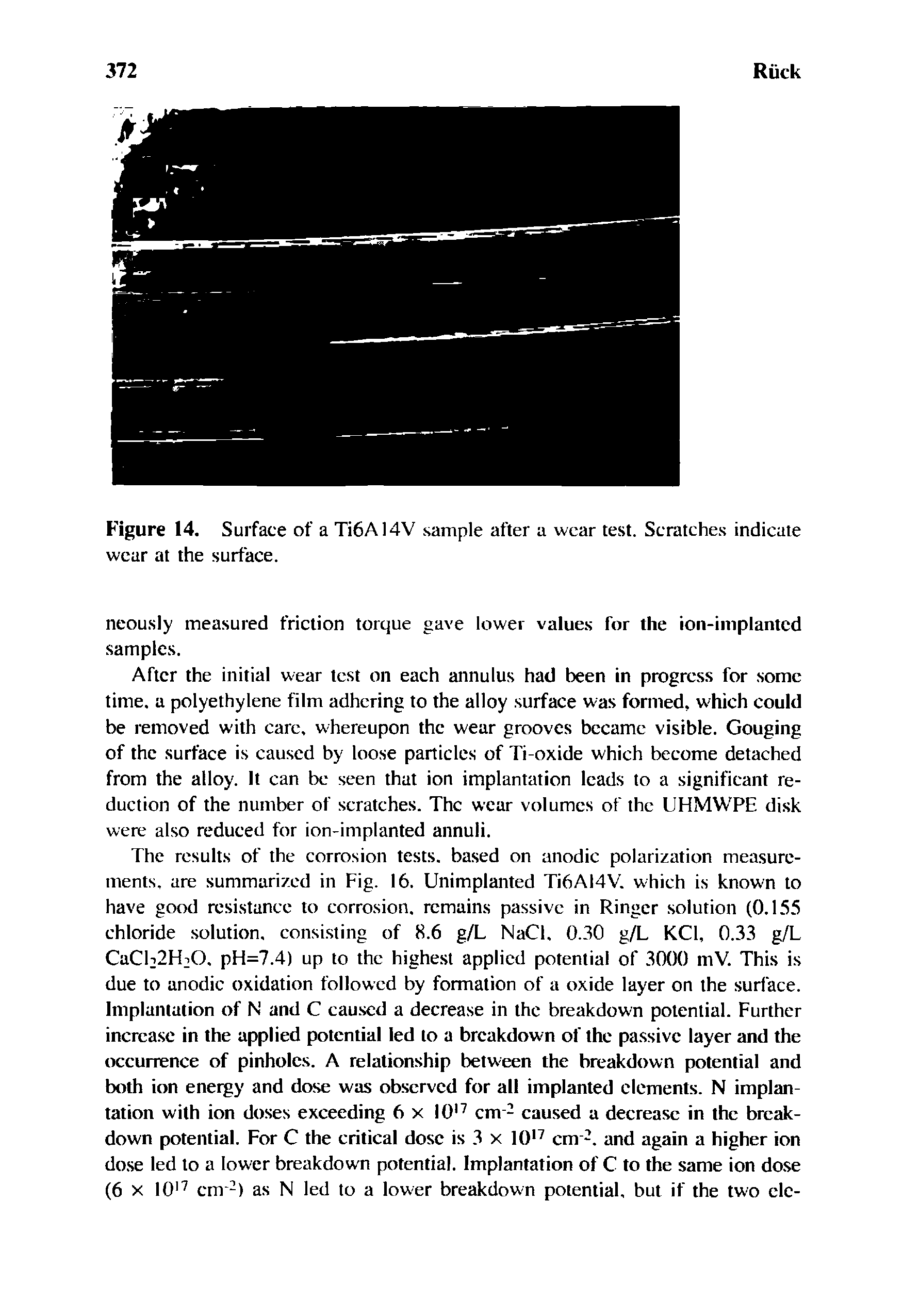 Figure 14. Surface of a Ti6A14V sample after a wear test. Scratches indicate wear at the surface.