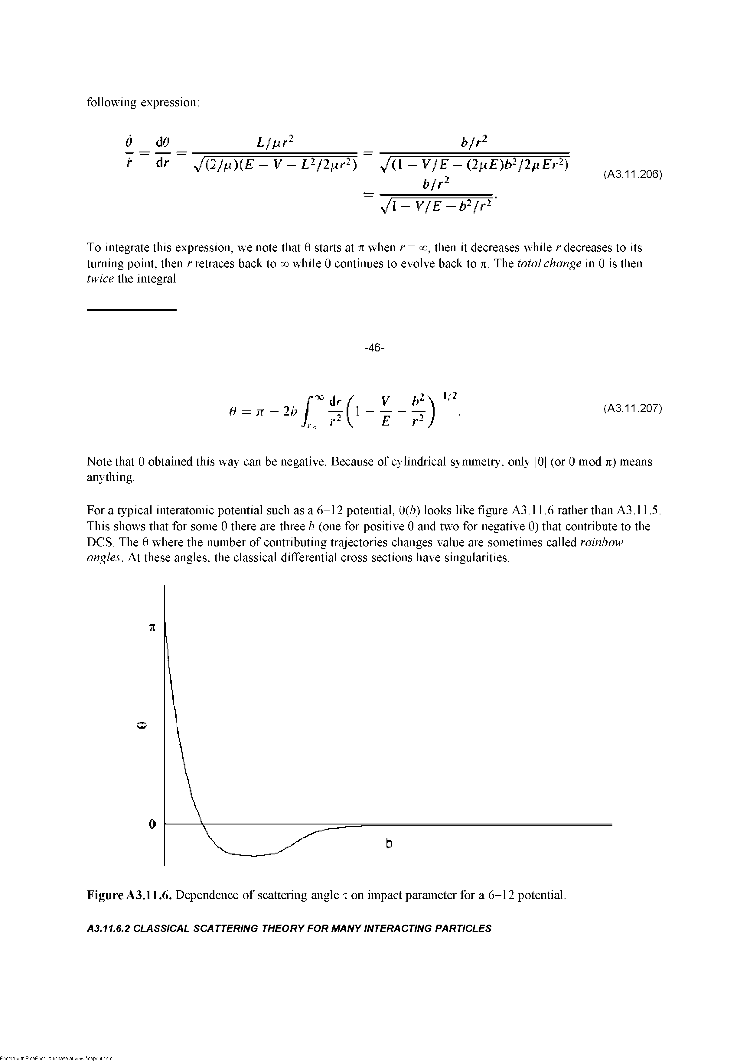 Figure A3.11.6. Dependence of scattering angle r on impact parameter for a 6-12 potential.