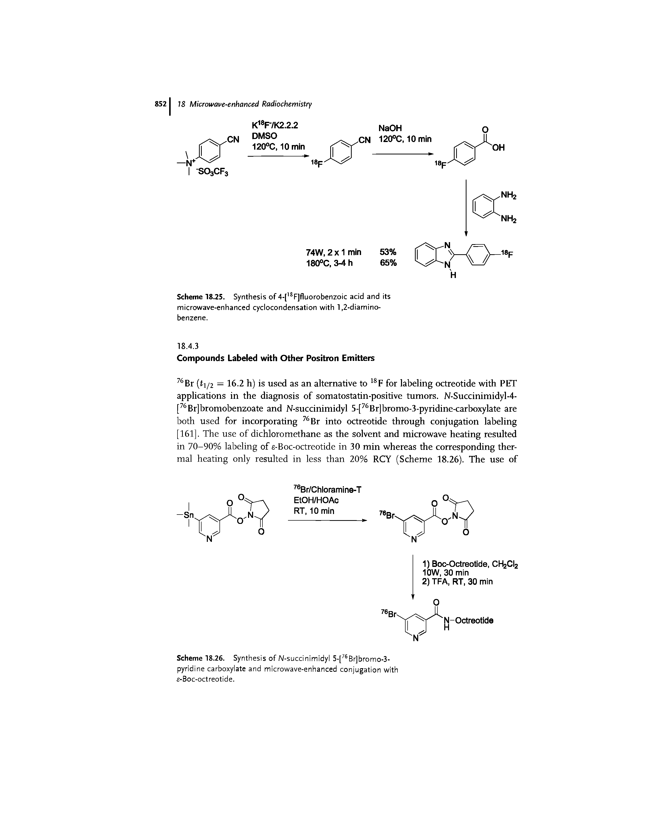 Scheme 18.25. Synthesis of 4-[ F]fluorobenzoic acid and its microwave-enhanced cyclocondensation with 1,2-diamino-benzene.