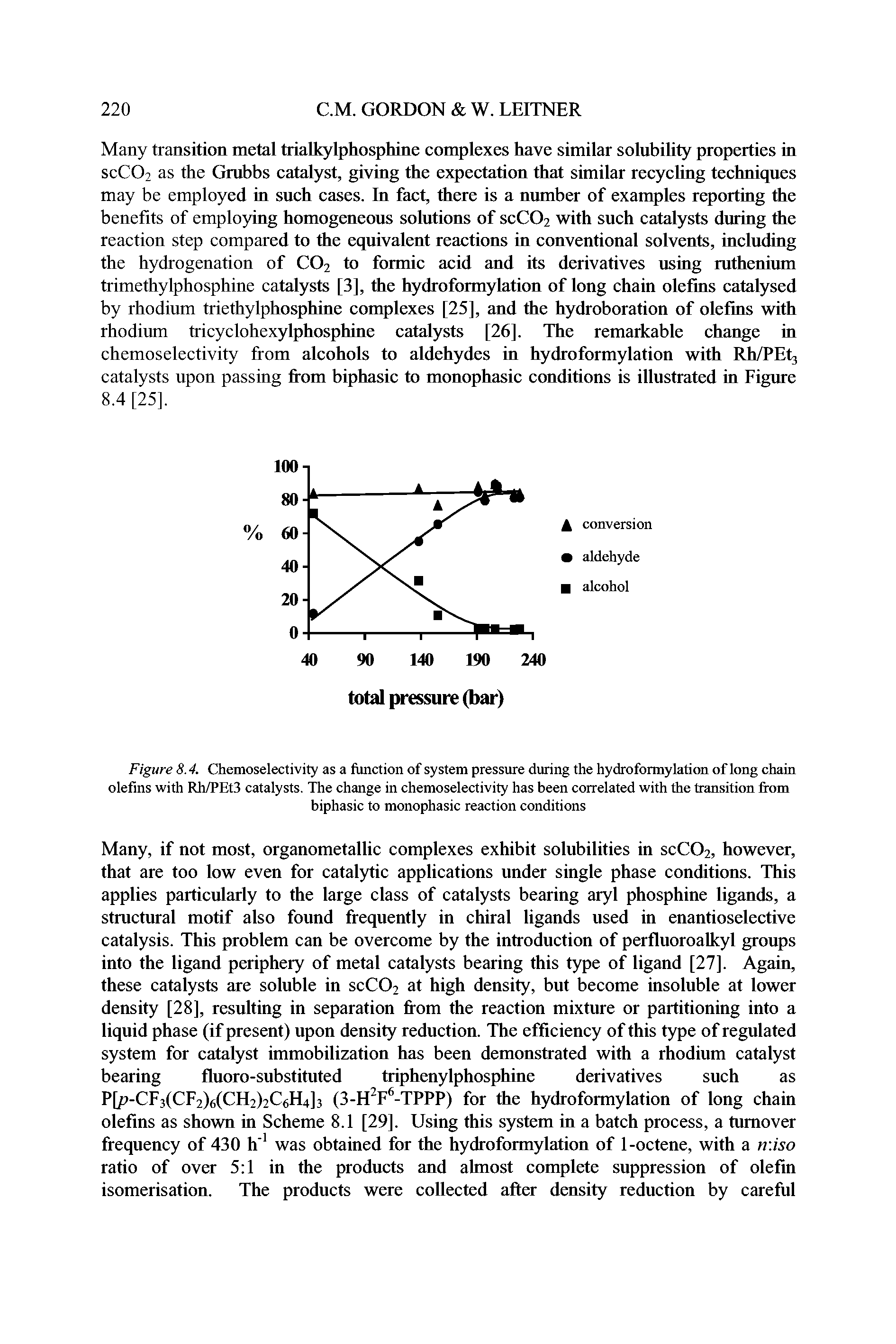 Figure 8.4. Chemoselectivity as a function of system pressure during the hydroformylation of long chain olefins with Rh/PEt3 catalysts. The change in chemoselectivity has been correlated with the transition from biphasic to monophasic reaction conditions...