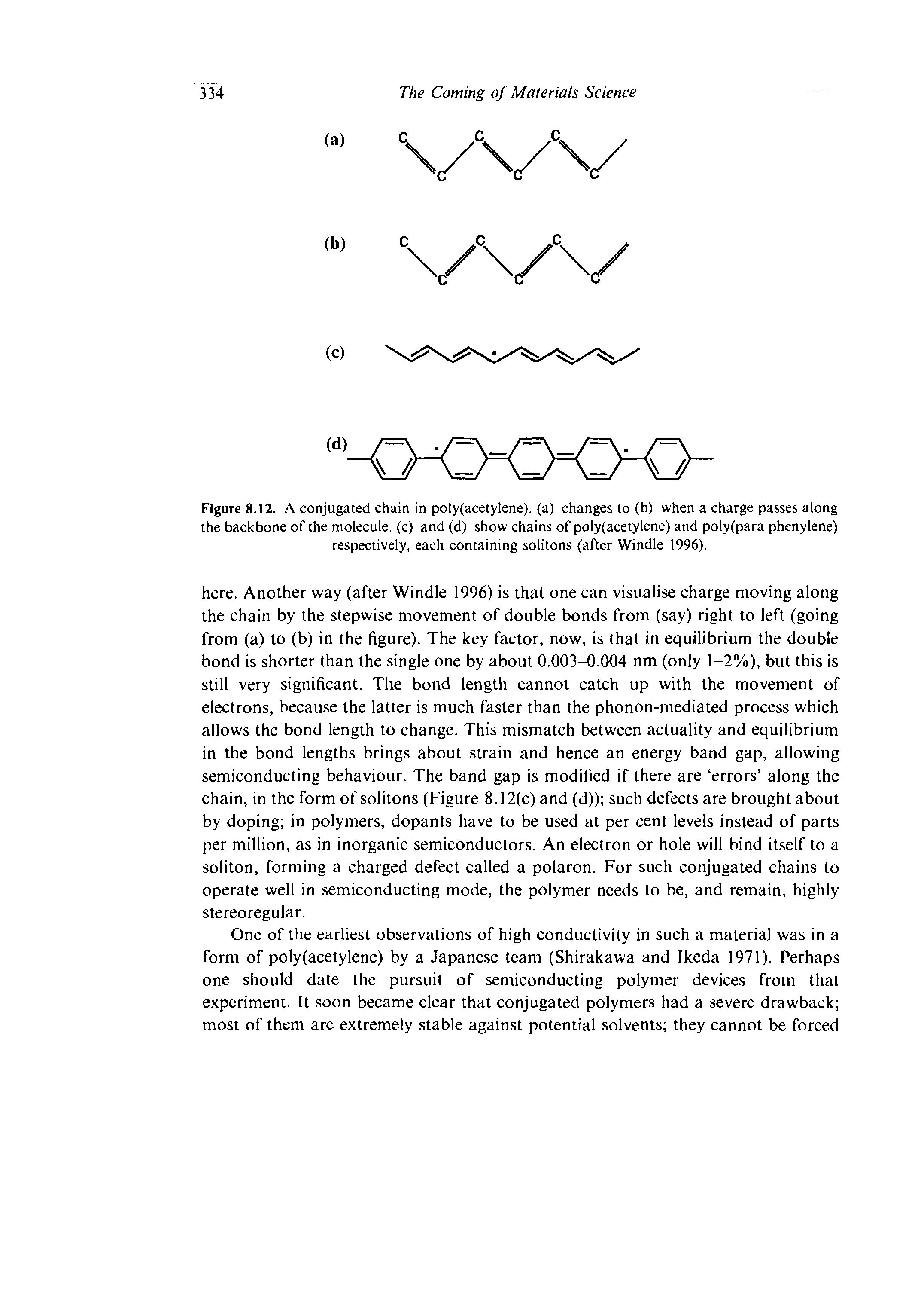 Figure 8.12. A conjugated chain in poly(acetylene). (a) changes to (b) when a charge passes along the backbone of the molecule, (c) and (d) show chains of poly(acetylene) and poly(para phenylene) respectively, each containing solitons (after Windle 1996).