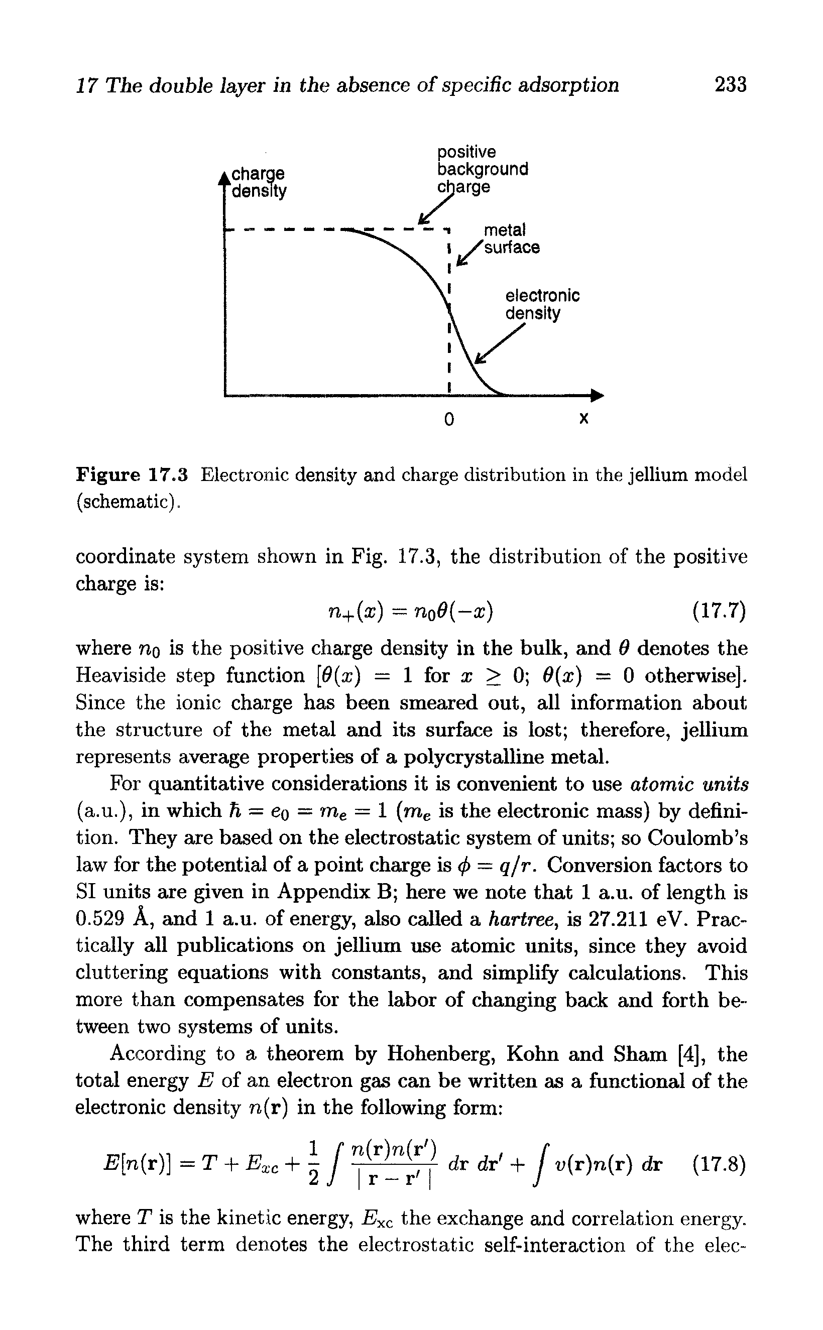 Figure 17.3 Electronic density and charge distribution in the jellium model (schematic).