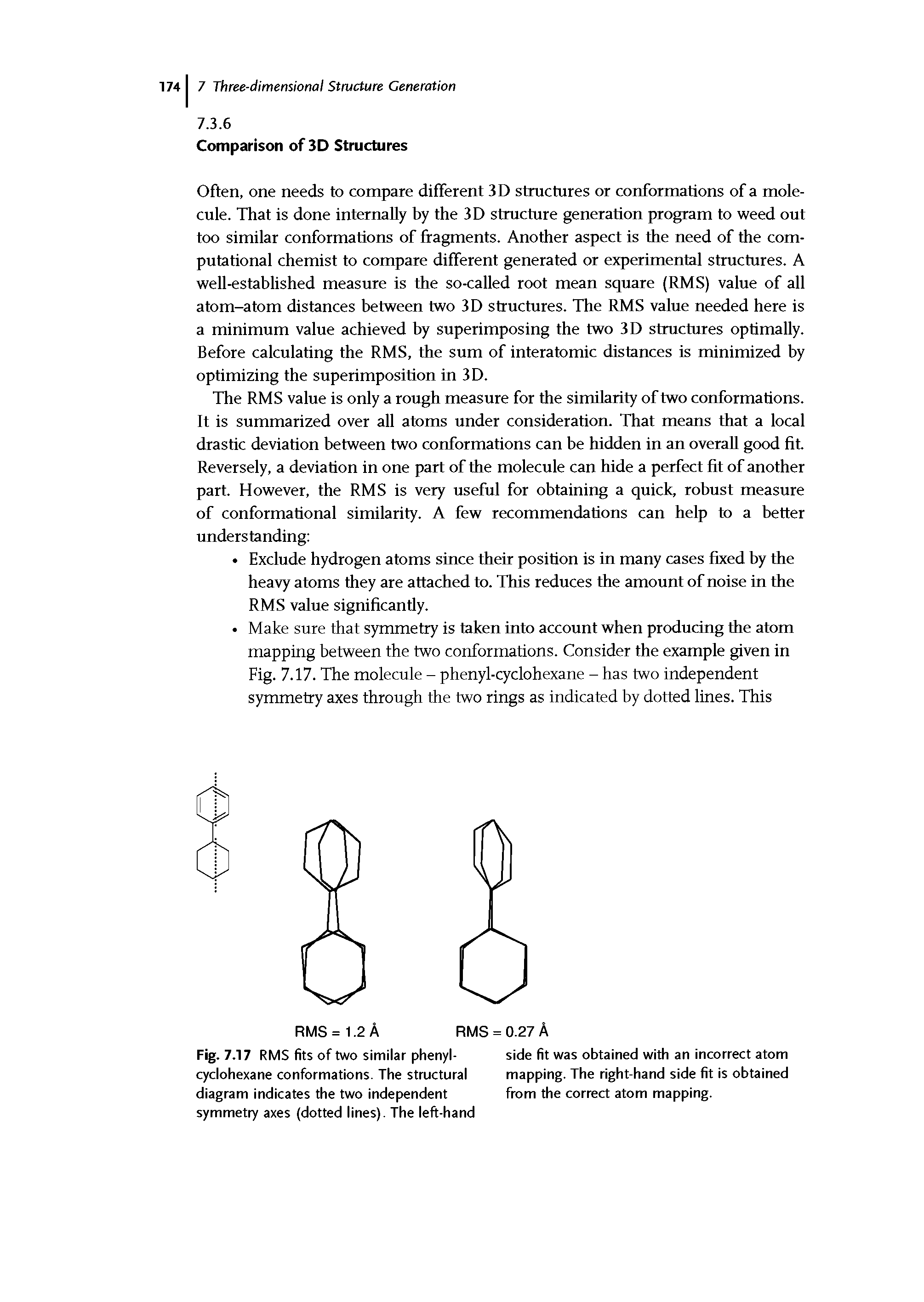 Fig. 7.17 RMS fits of two similar phenyl-cyclohexane conformations. The structural diagram indicates the two independent symmetry axes (dotted lines). The left-hand...