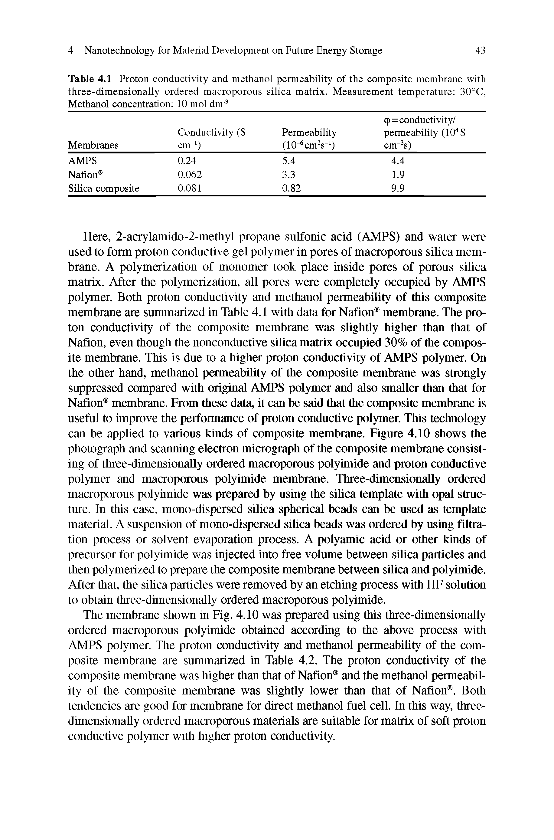 Table 4.1 Proton conductivity and methanol permeability of the composite membrane with three-dimensionally ordered macroporous silica matrix. Measurement temperature 30°C, Methanol concentration 10 mol dm ...