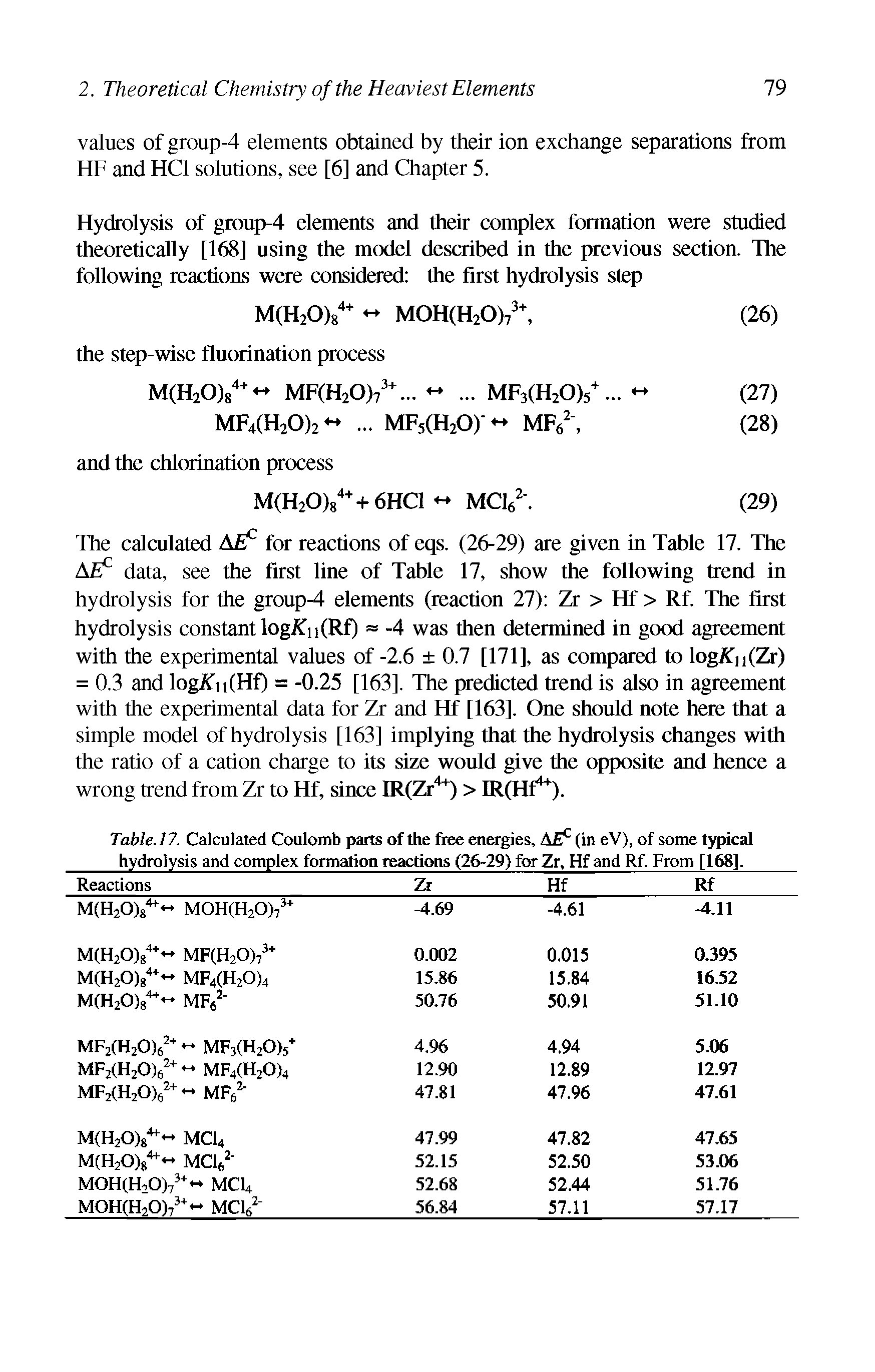Table. 17. Calculated Coulomb parts of the free energies, ATT (in eV), of some typical hydrolysis and complex formation reactions (26-29) for Zr. Hf and Rf. From [168].