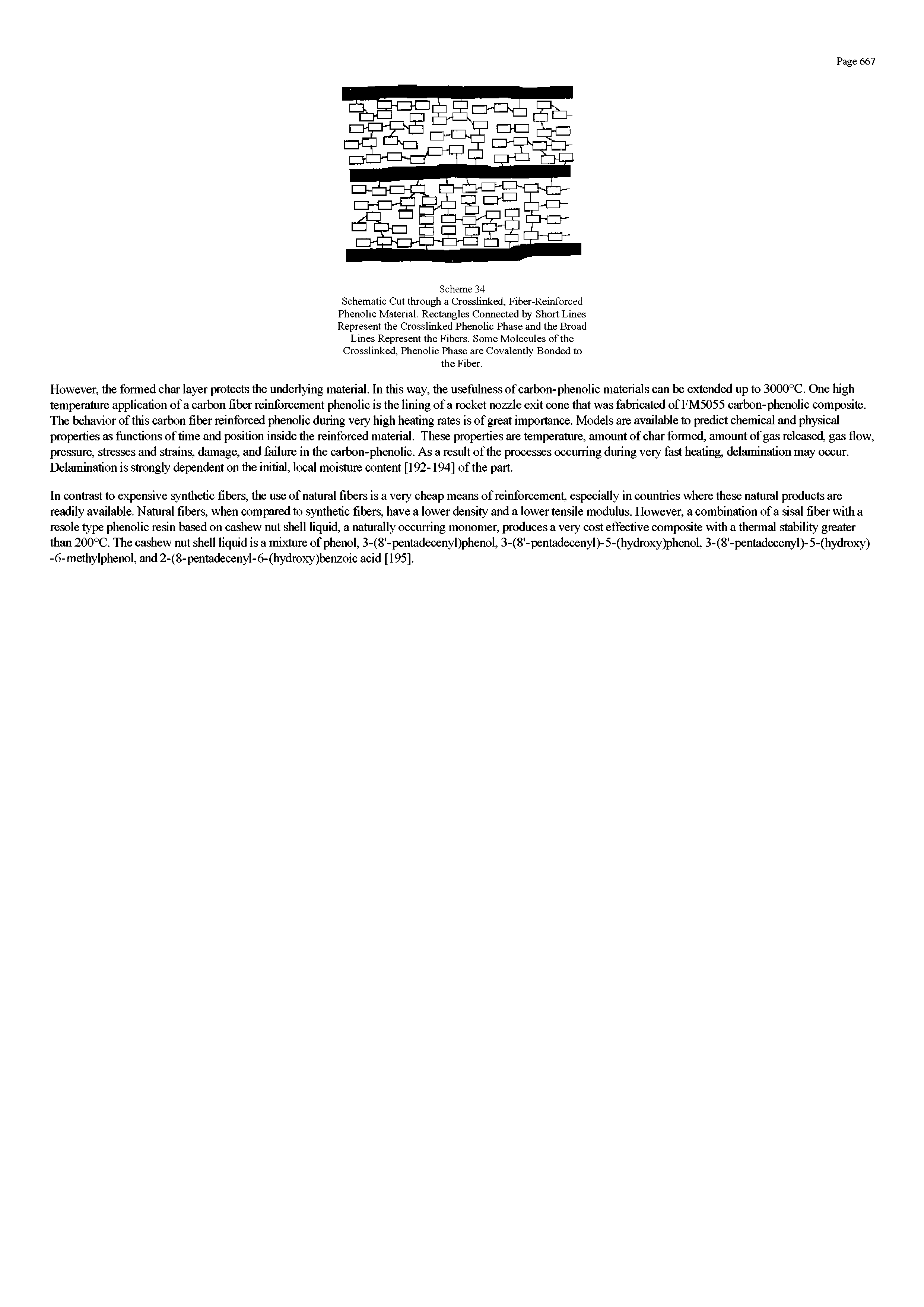 Schematic Cut through a Crosslinked, Fiber-Reinforced Phenolic Material Rectangles Connected by Short Lines Represent the Crosslinked Phenolic Phase and the Broad Lines Represent the Fibers. Some Molecules of the Crosslinked, Phenolic Phase are Covalently Bonded to the Fiber.