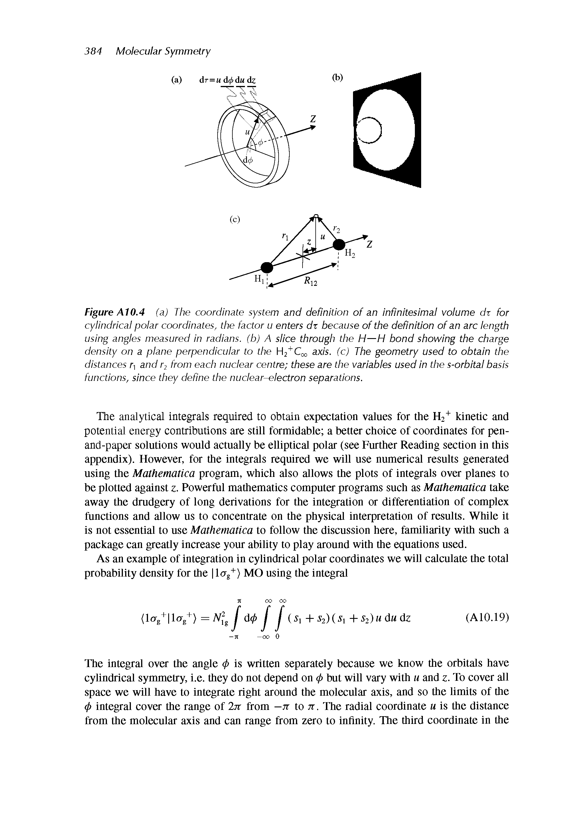 Figure A10.4 (a) The coordinate system and definition of an infinitesimal volume c/r for cylindrical polar coordinates, the factor u enters dx because of the definition of an arc length using angles measured in radians, (b) A slice through the H—H bond showing the charge density on a plane perpendicular to the H2 Cco axis, (c) The geometry used to obtain the distances r and /-j from each nuclear centre these are the varieJales used in the s-orbital basis functions, since they define the nuclear-electron separations.