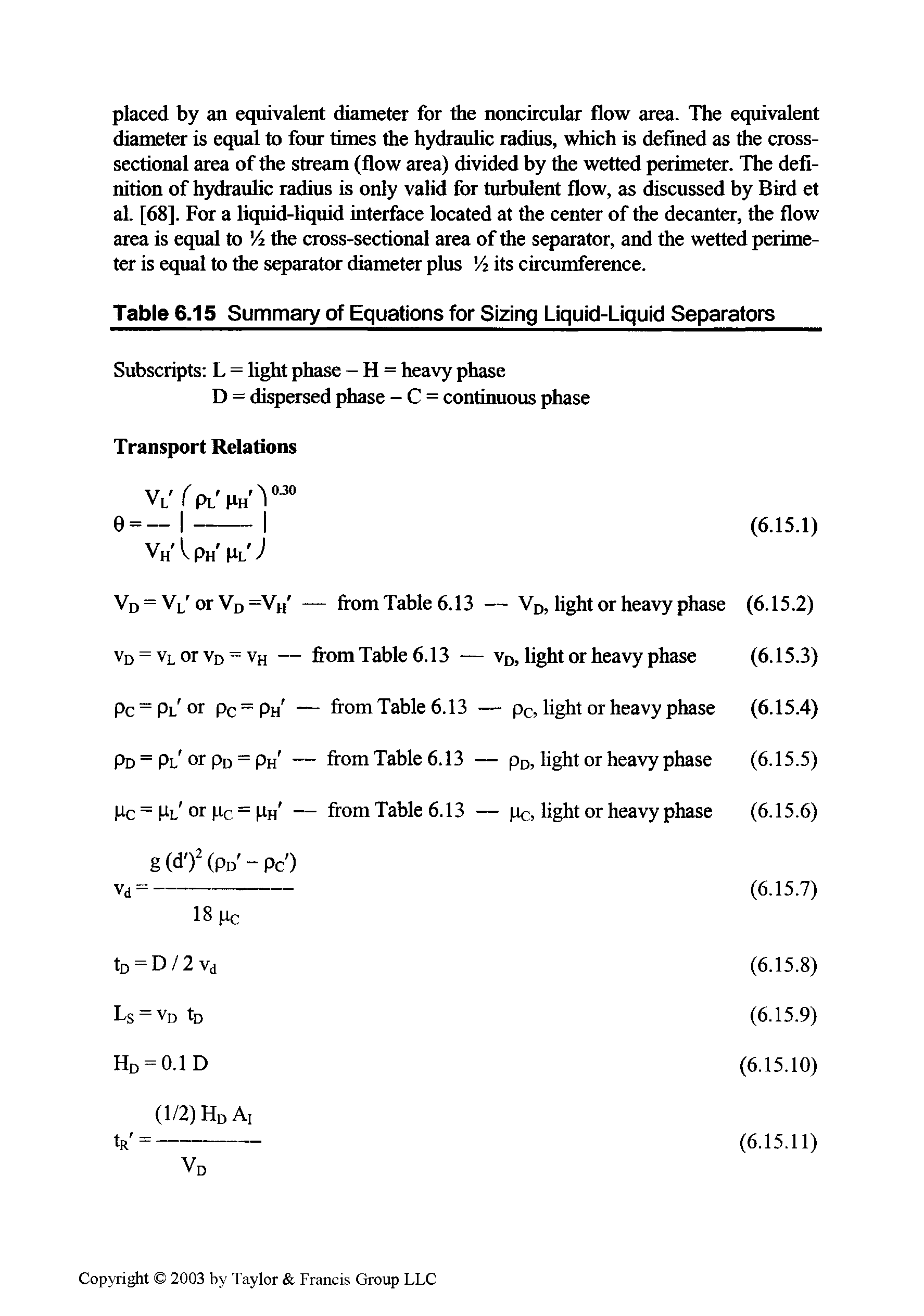 Table 6.15 Summary of Equations for Sizing Liquid-Liquid Separators...