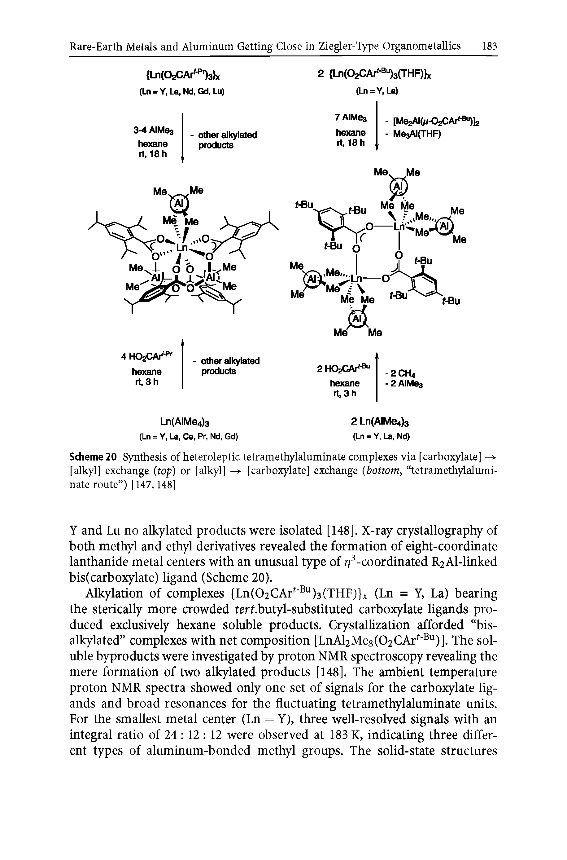 Scheme 20 Synthesis of heteroleptic tetramethylaluminate complexes via [carboxylate] [alkyl] exchange (top) or [alkyl] - [carboxylate] exchange (bottom, tetramethylaluminate route ) [147,148]...