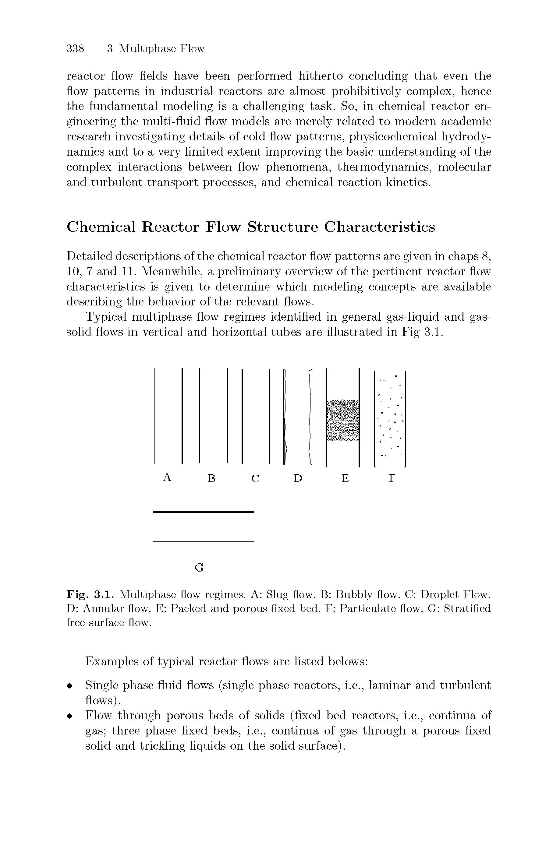 Fig. 3.1. Multiphase flow regimes. A Slug flow. B Bubbly flow. C Droplet Flow. D Annular flow. E Packed and porous fixed bed. F Particulate flow. G Stratified free surface flow.