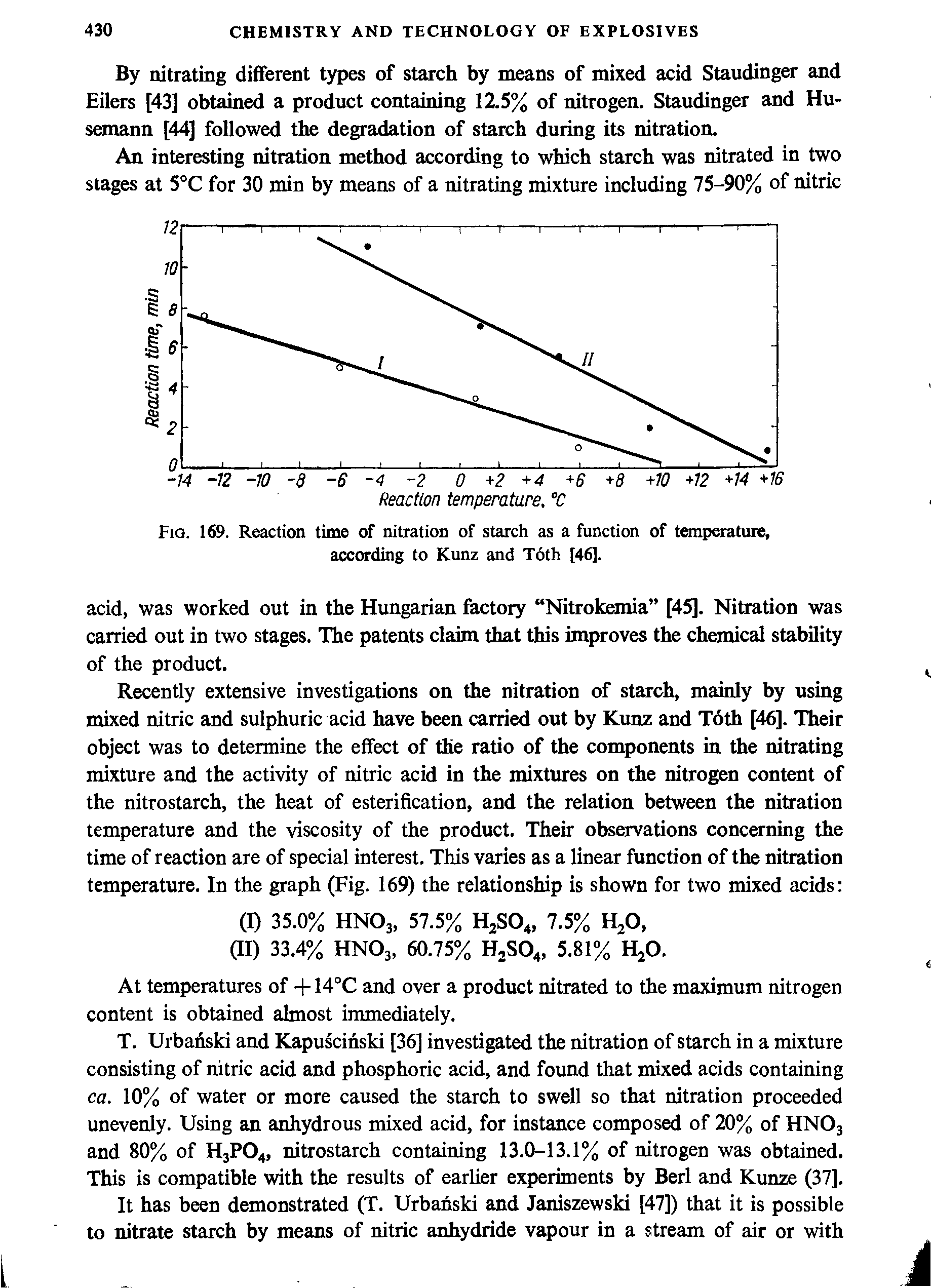 Fig. 169. Reaction time of nitration of starch as a function of temperature, according to Kunz and T6th [46].