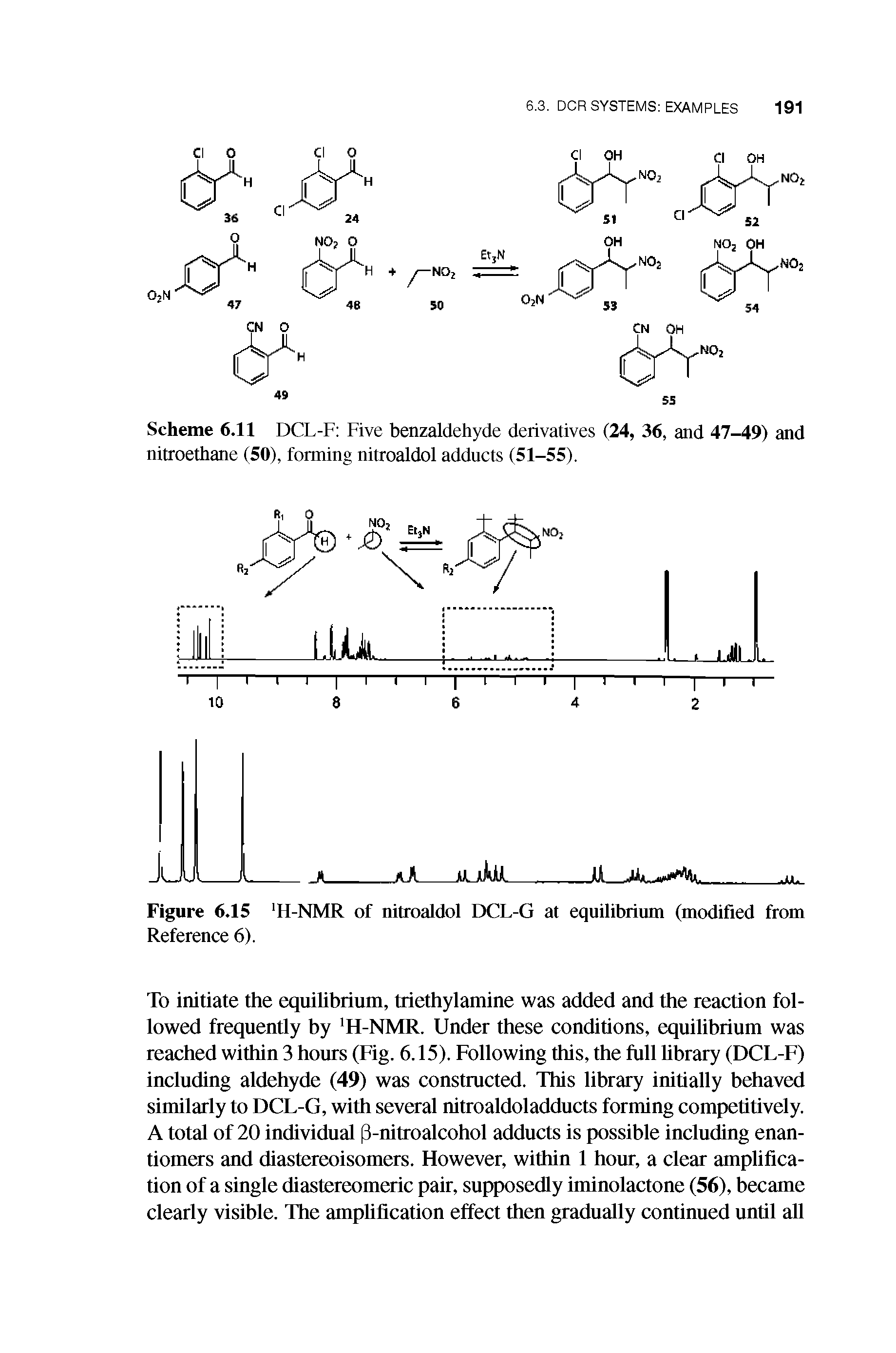 Scheme 6.11 DCL-F Five benzaldehyde derivatives (24, 36, and 47-49) and nitroethane (50), forming nitroaldol adducts (51-55).