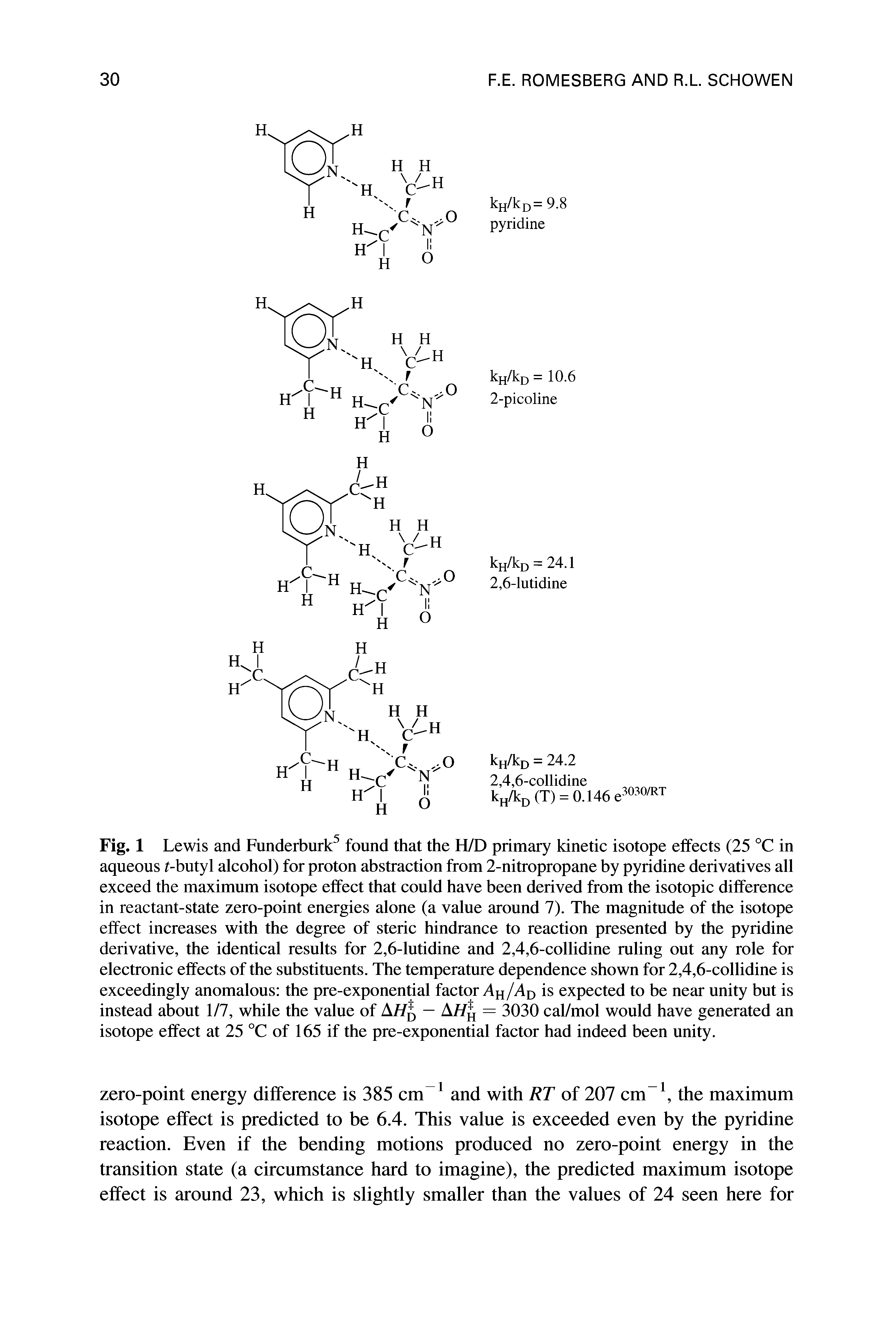 Fig. 1 Lewis and Funderburk found that the H/D primary kinetic isotope effects (25 °C in aqueous t-butyl alcohol) for proton abstraction from 2-nitropropane by pyridine derivatives all exceed the maximum isotope effect that could have been derived from the isotopic difference in reactant-state zero-point energies alone (a value around 7). The magnitude of the isotope effect increases with the degree of steric hindrance to reaction presented by the pyridine derivative, the identical results for 2,6-lutidine and 2,4,6-collidine ruling out any role for electronic effects of the substituents. The temperature dependence shown for 2,4,6-collidine is exceedingly anomalous the pre-exponential factor Ahis expected to be near unity but is instead about 1/7, while the value of AH — AH = 3030 cal/mol would have generated an isotope effect at 25 °C of 165 if the pre-exponential factor had indeed been unity.