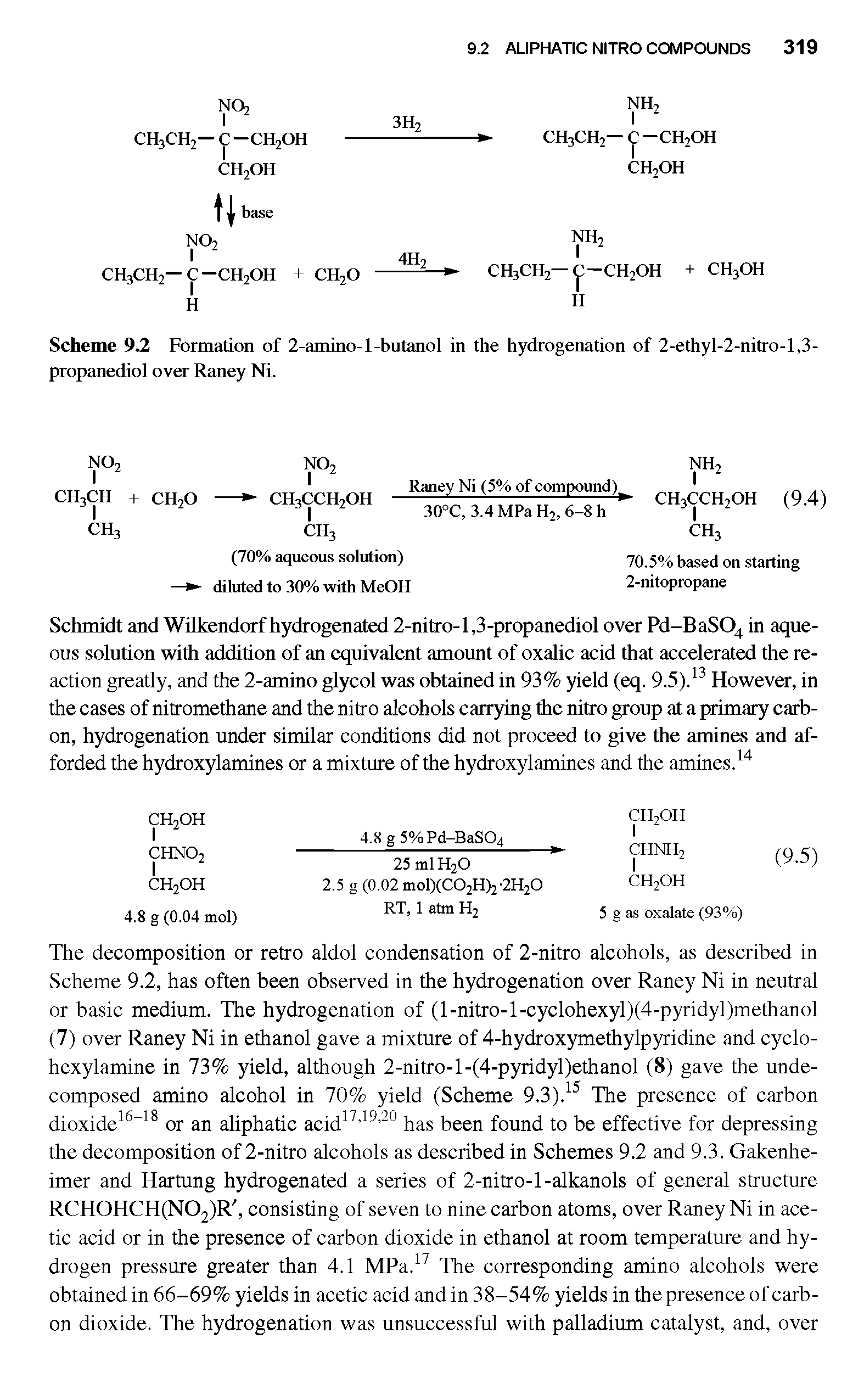 Scheme 9.2 Formation of 2-amino-1-butanol in the hydrogenation of 2-ethyl-2-nitro-l,3-propanediol over Raney Ni.