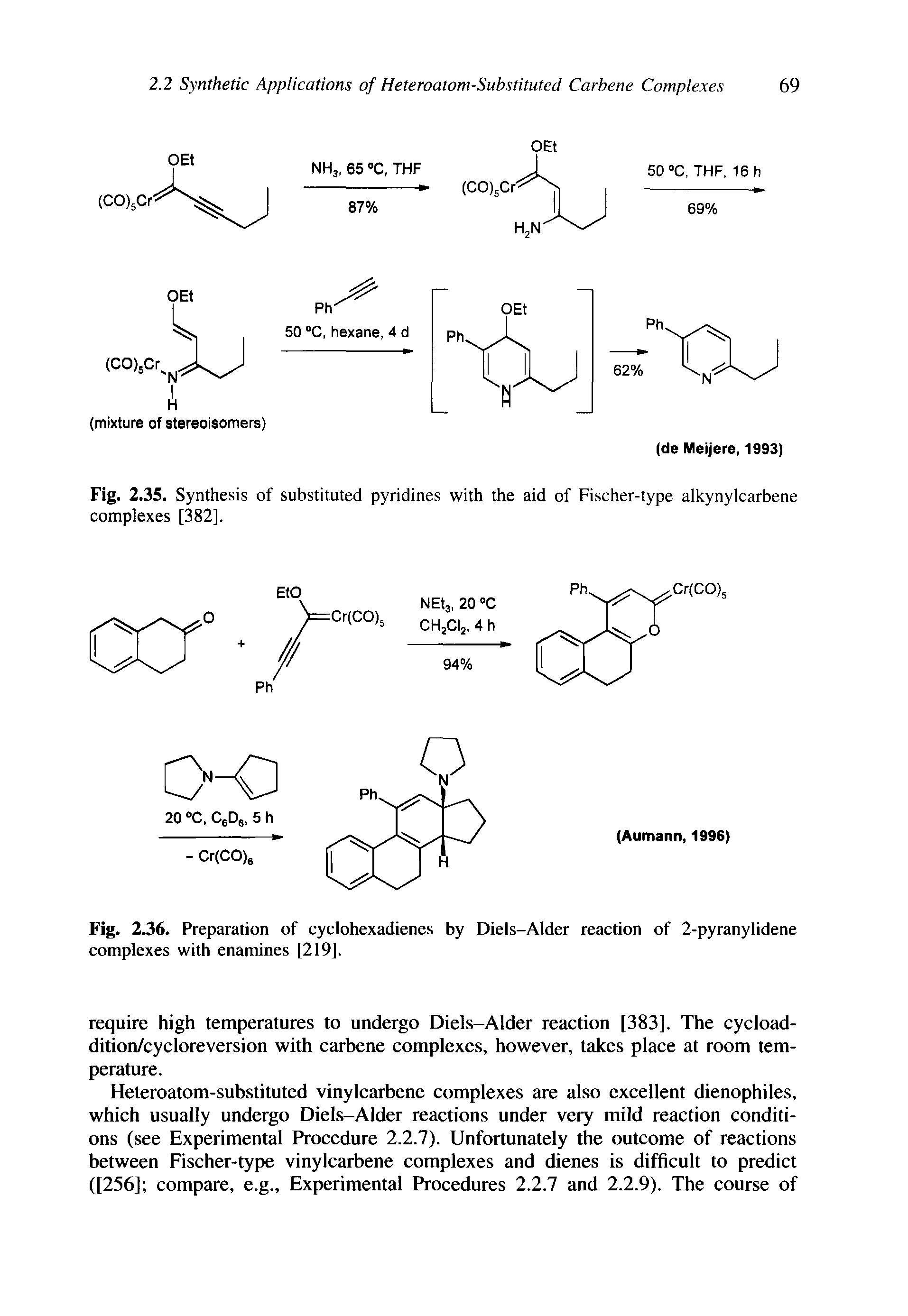 Fig. 2.36. Preparation of cyclohexadienes by Diels-Alder reaction of 2-pyranylidene complexes with enamines [219].