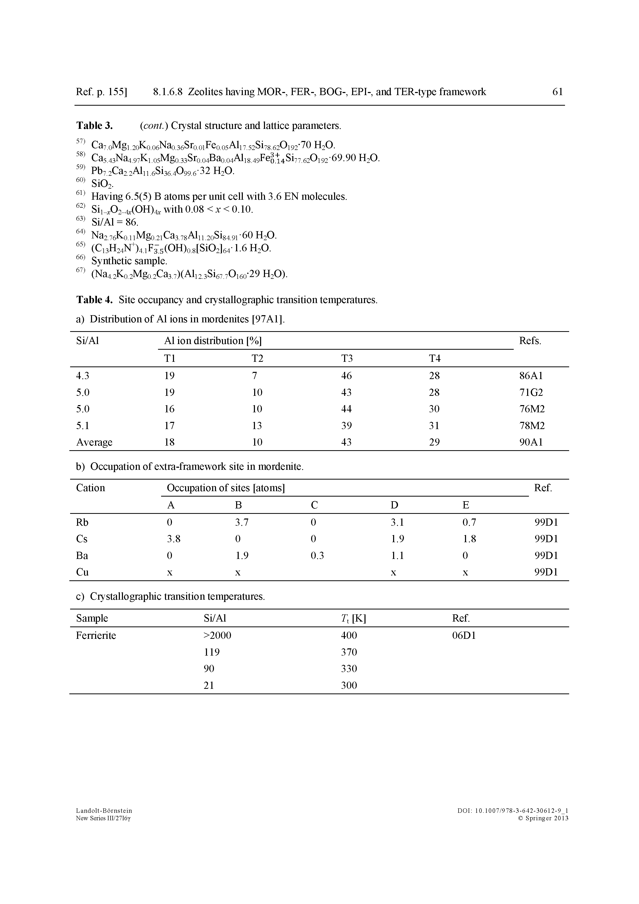 Table 4. Site occnpancy and crystallographic transition temperatnres. a) Distribntion of A1 ions in mordenites [97A1].