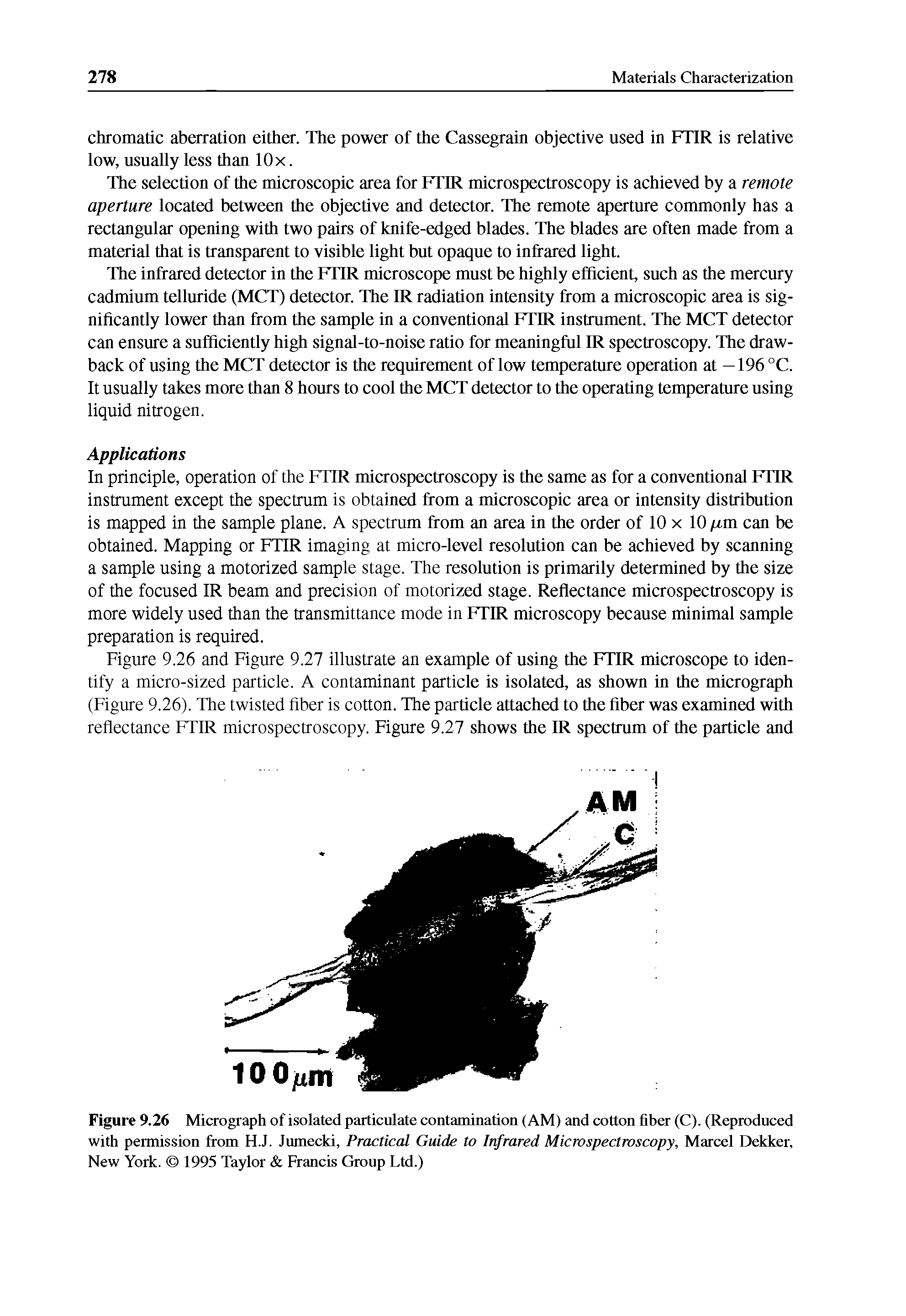 Figure 9.26 and Figure 9.27 illustrate an example of using the FTIR microscope to identify a micro-sized particle. A contaminant particle is isolated, as shown in the micrograph (Figure 9.26). The twisted fiber is cotton. The particle attached to the fiber was examined with reflectance FTIR microspectroscopy. Figure 9.27 shows the IR spectrum of the particle and...