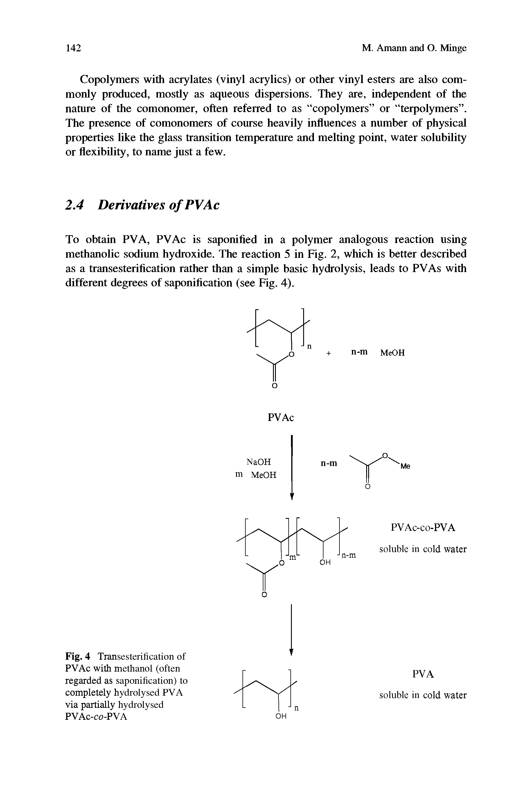 Fig. 4 Transesterification of PVAc with methanol (often regarded as saponification) to completely hydrolysed PVA via partially hydrolysed PVAc-co-PVA...
