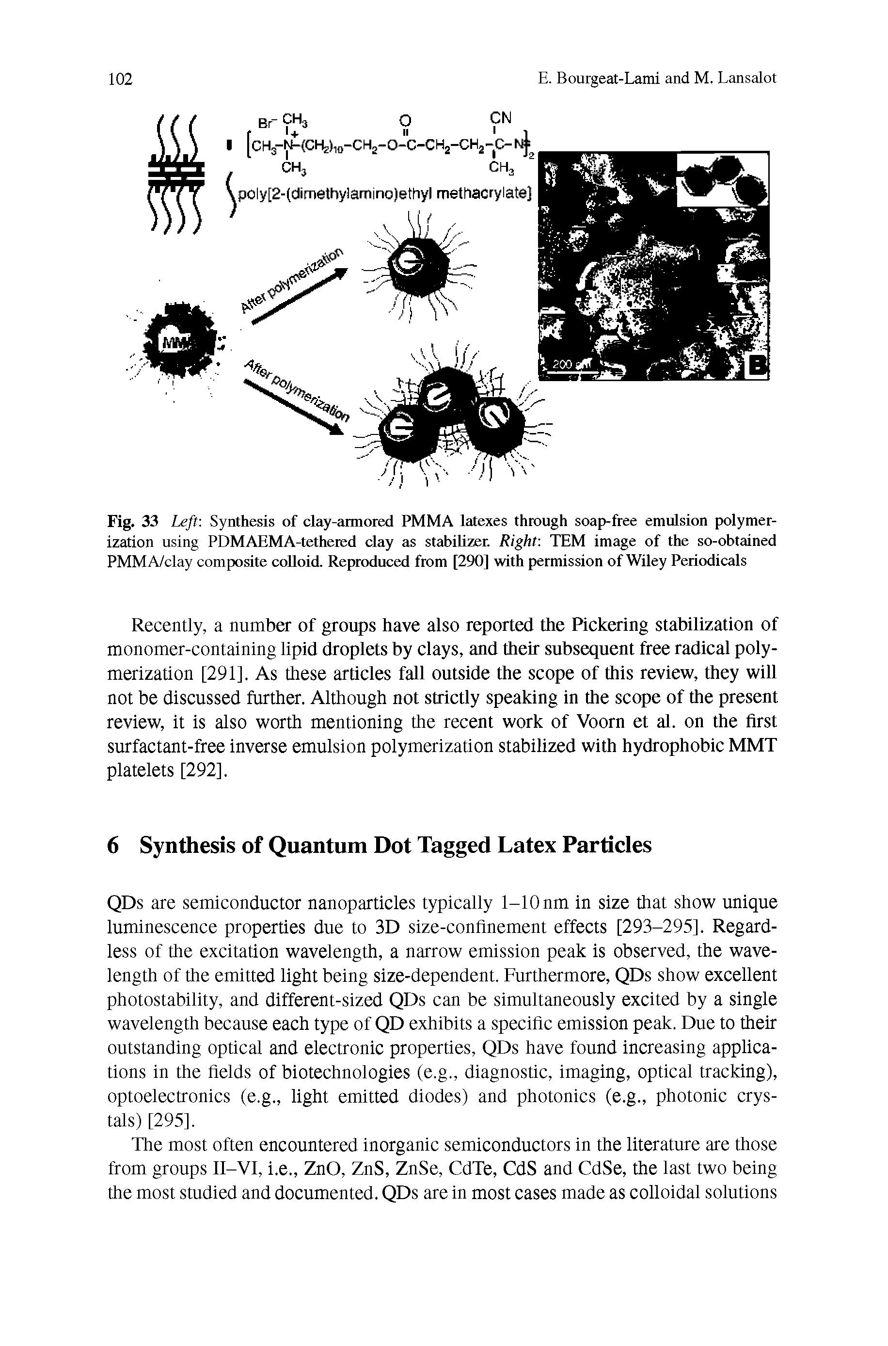 Fig. 33 Left Synthesis of ciay-armored PMMA latexes through soap-free emulsion polymerization using PDMAEMA-tethered clay as stabiUzen Right TEM image of the so-obtained PMM A/clay composite coUoid. Reproduced from [290] with permission of Wiley Periodicals...
