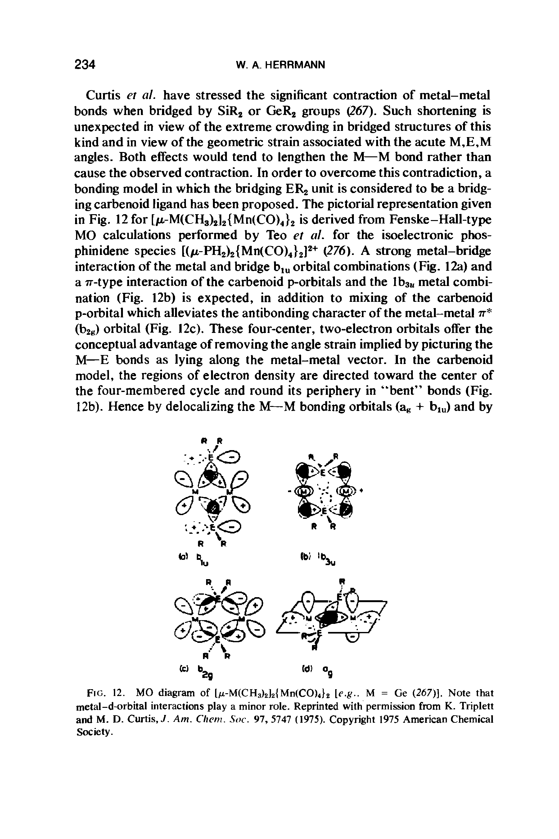 Fig. 12. MO diagram of Im-M(CH3)2J2 Mn(CO) 2 [e.g.. M = Ge (267)]. Note that metal-d-orbital interactions play a minor role. Reprinted with permission from K. Triplett and M. D. Curtis, J. Am. Chem. Soc. 97, 5747 (1975). Copyright 1975 American Chemical Society.