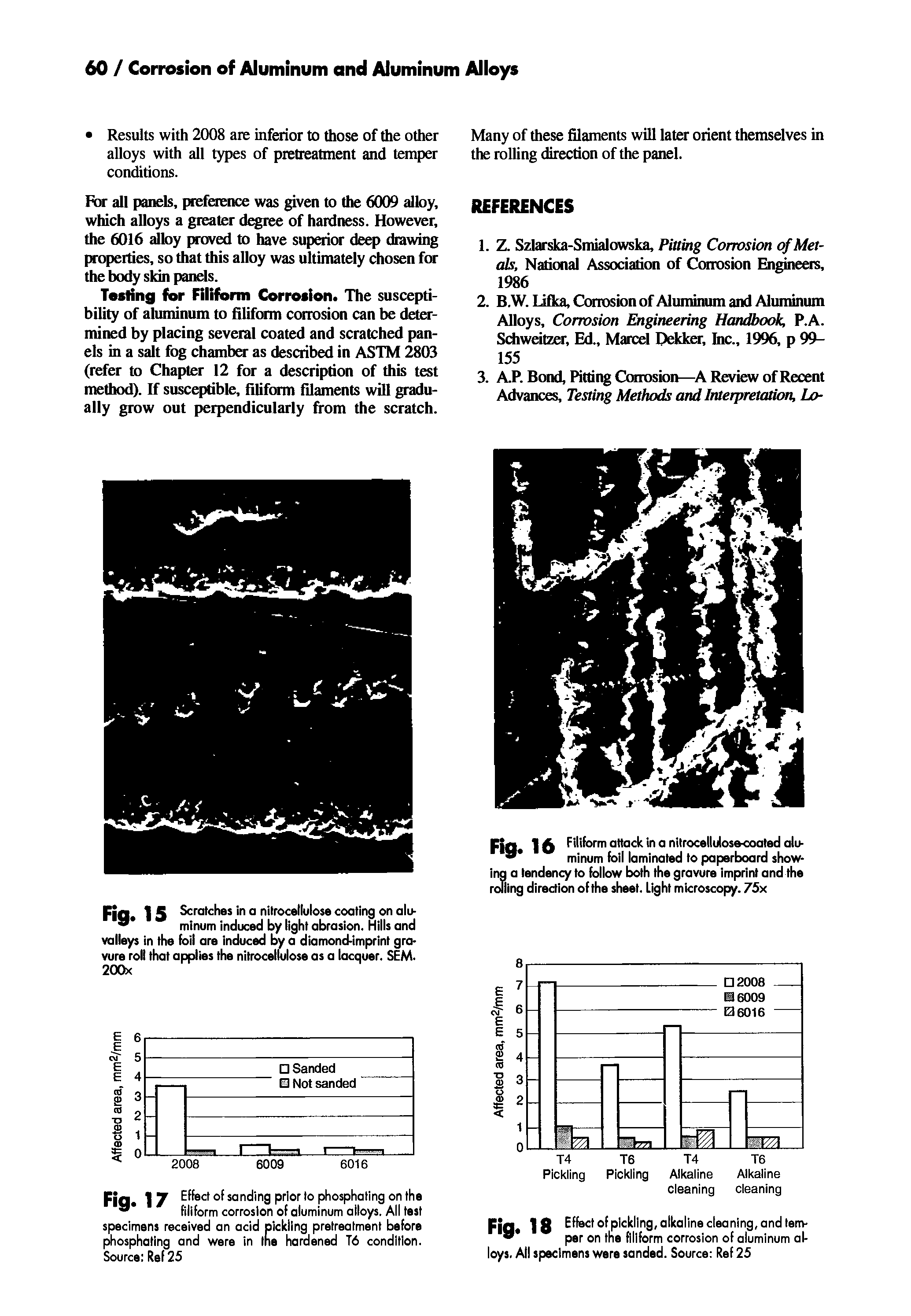 Fig. 17 Effect of sanding prior lo phosphatlng on the filiform corrosion of aluminum alloys. All test specimens received an acid pickling pretreatment before phosphatlng and were in the hardened T6 condition. Source Ref 25...