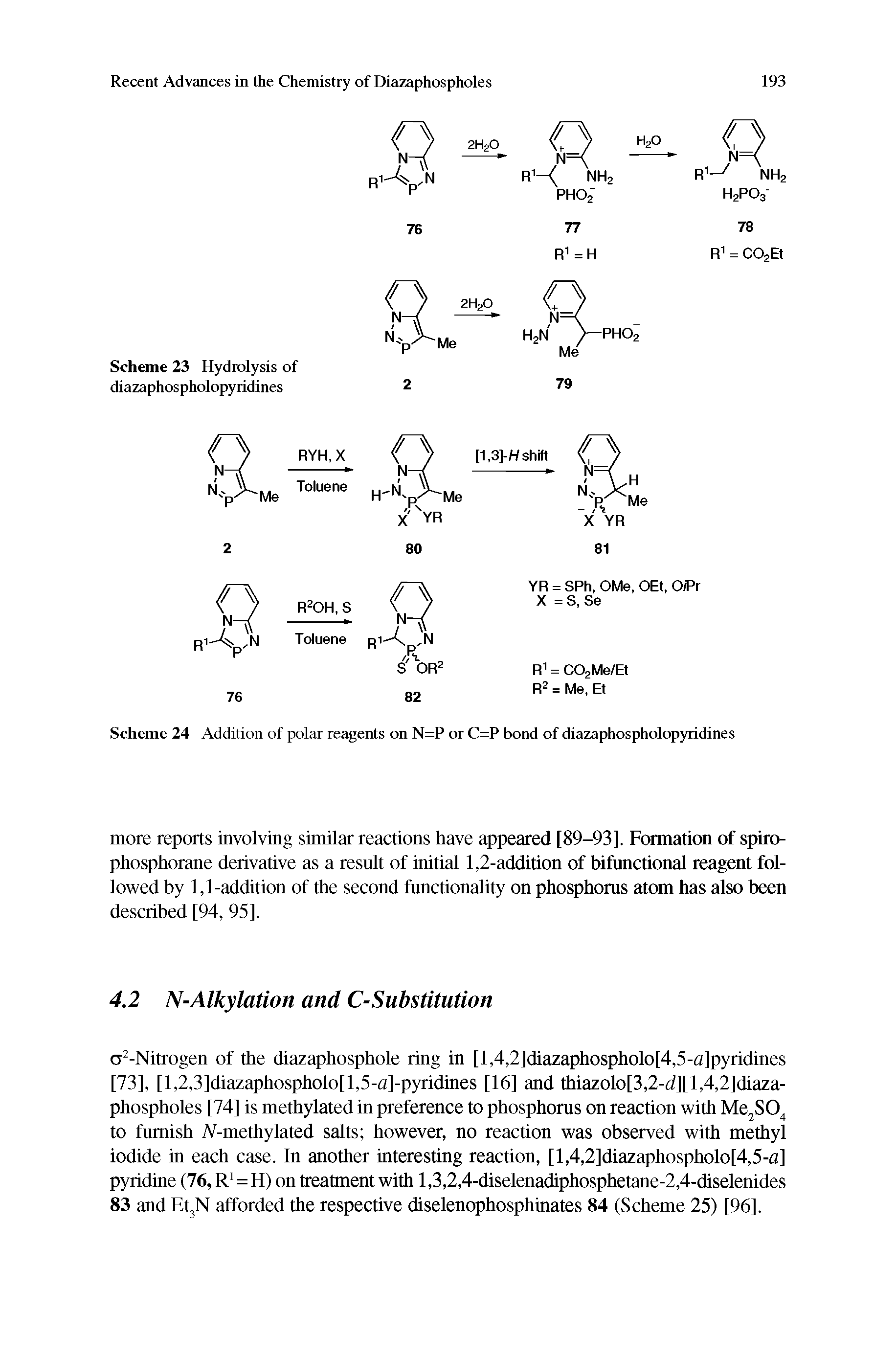 Scheme 24 Addition of polar reagents on N=P or C=P bond of diazaphospholopyridines...
