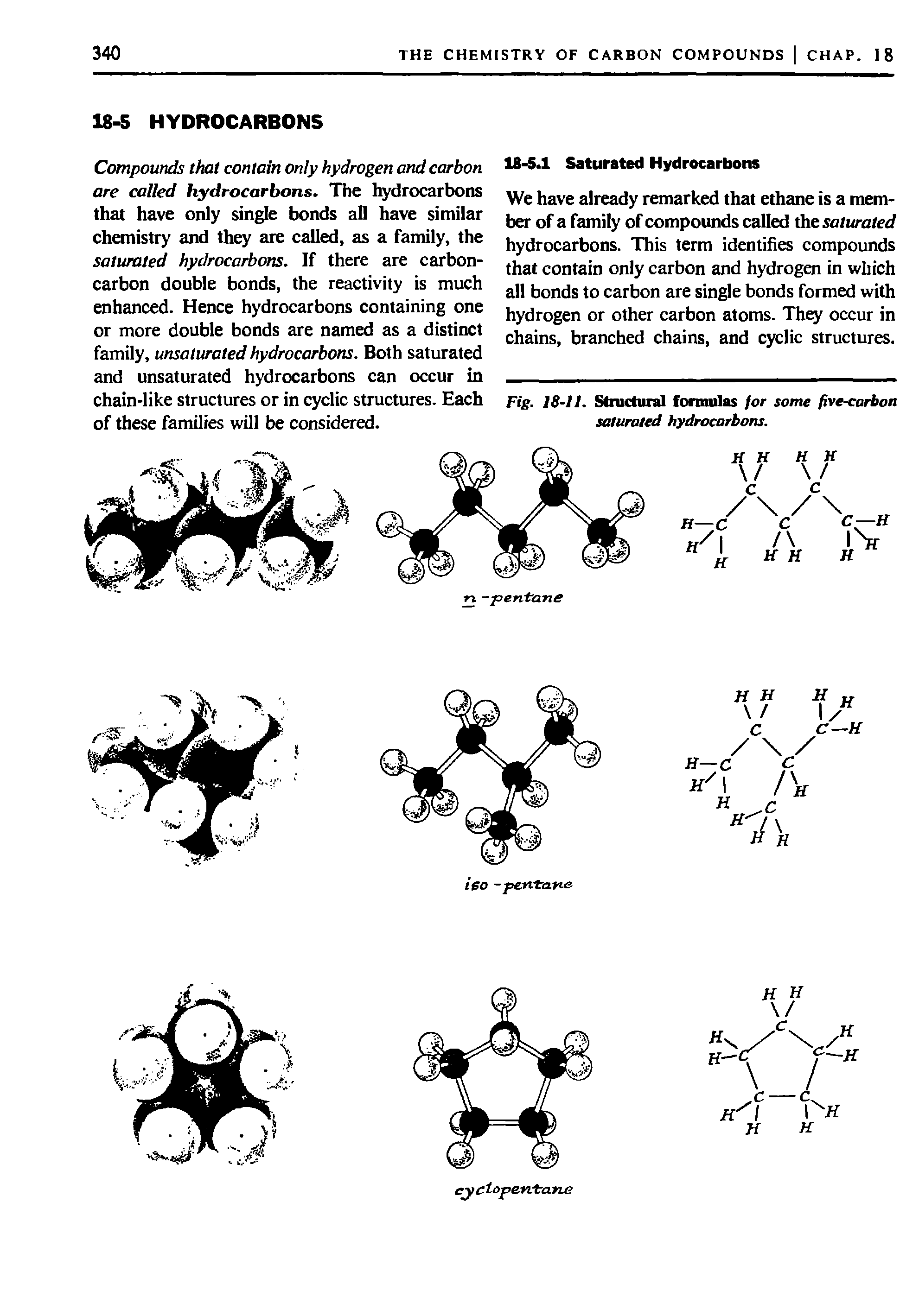 Fig. 18-11. Structural formulas for some five-carbon saturated hydrocarbons.