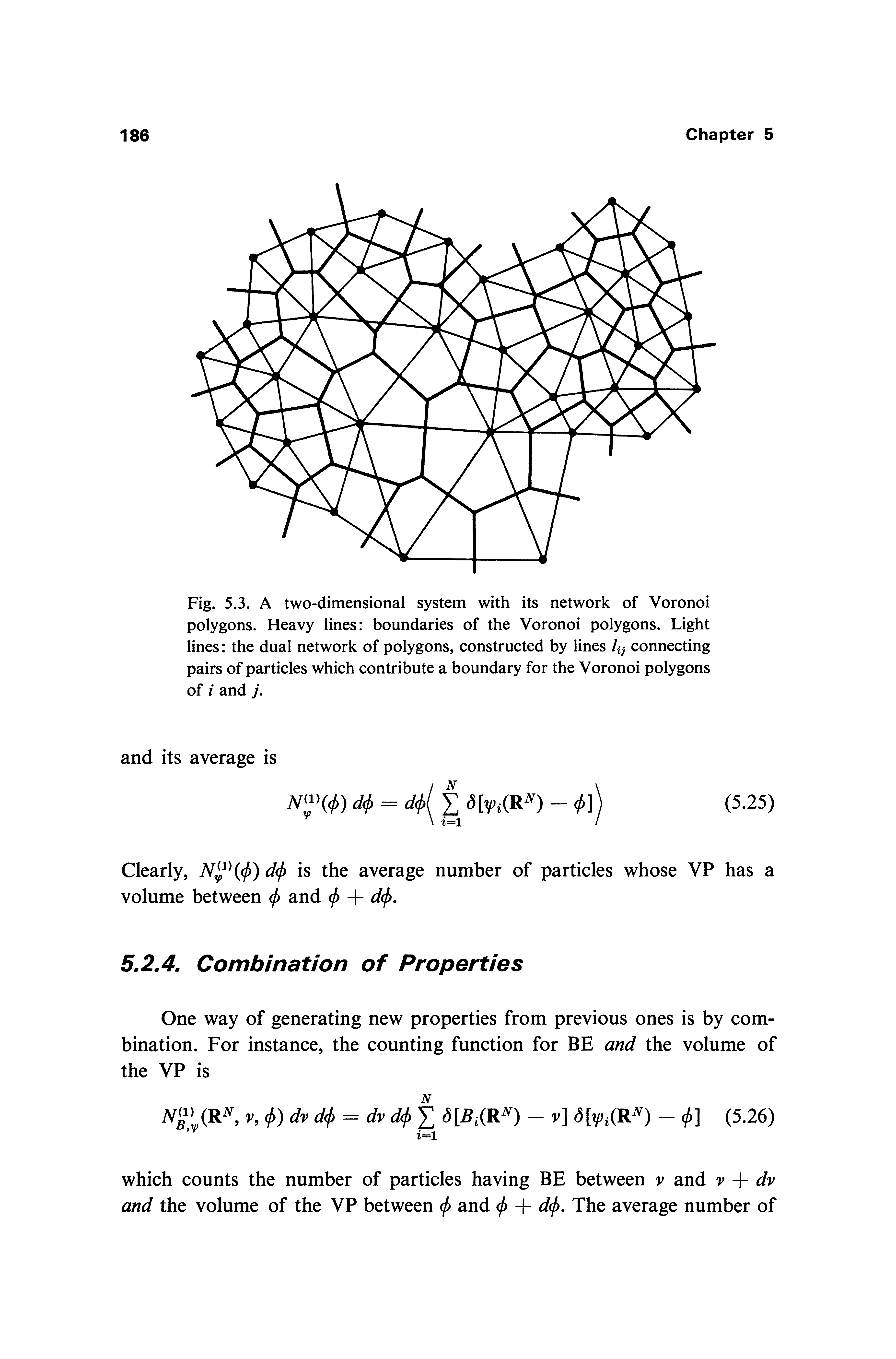 Fig. 5.3. A two-dimensional system with its network of Voronoi polygons. Heavy lines boundaries of the Voronoi polygons. Light lines the dual network of polygons, constructed by lines kj connecting pairs of particles which contribute a boundary for the Voronoi polygons of i and j.