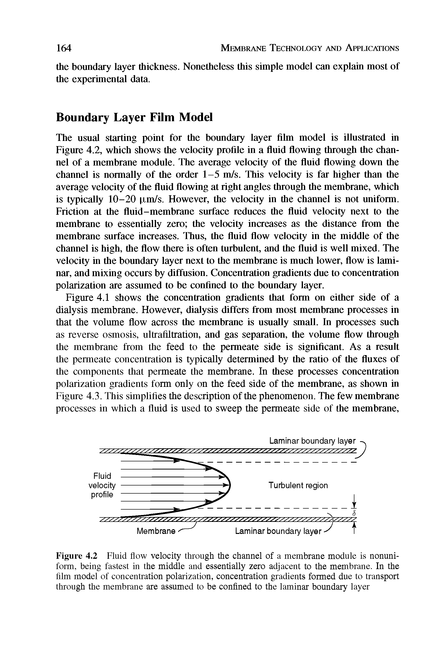 Figure 4.1 shows the concentration gradients that form on either side of a dialysis membrane. However, dialysis differs from most membrane processes in that the volume flow across the membrane is usually small. In processes such as reverse osmosis, ultrafiltration, and gas separation, the volume flow through the membrane from the feed to the permeate side is significant. As a result the permeate concentration is typically determined by the ratio of the fluxes of the components that permeate the membrane. In these processes concentration polarization gradients form only on the feed side of the membrane, as shown in Figure 4.3. This simplifies the description of the phenomenon. The few membrane processes in which a fluid is used to sweep the permeate side of the membrane,...