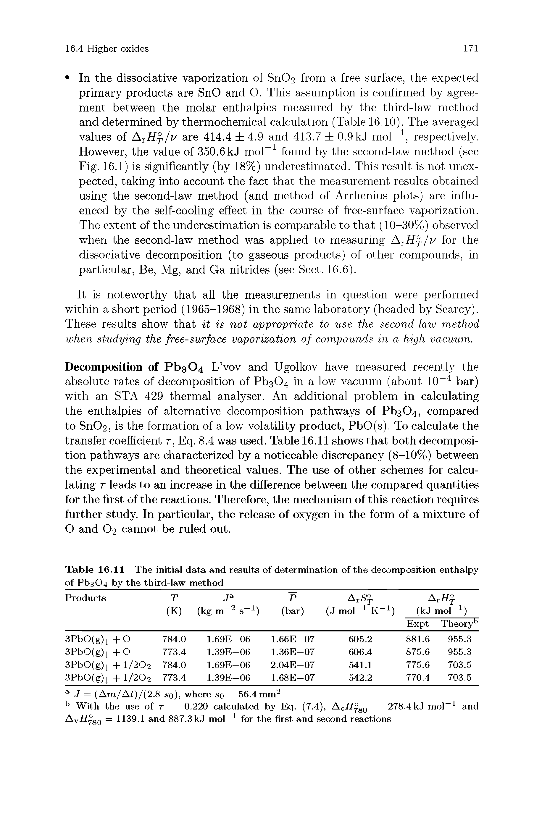 Table 16.11 The initial data and results of determination of the decomposition enthalpy of Pb304 by the third-law method...