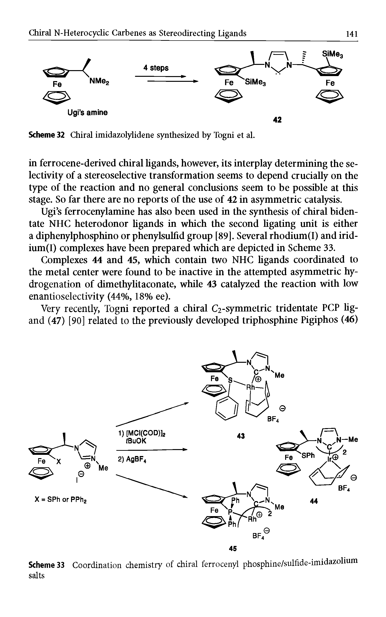 Scheme 33 Coordination chemistry of chiral ferrocenyl phosphine/sulfide-imidazolium salts...