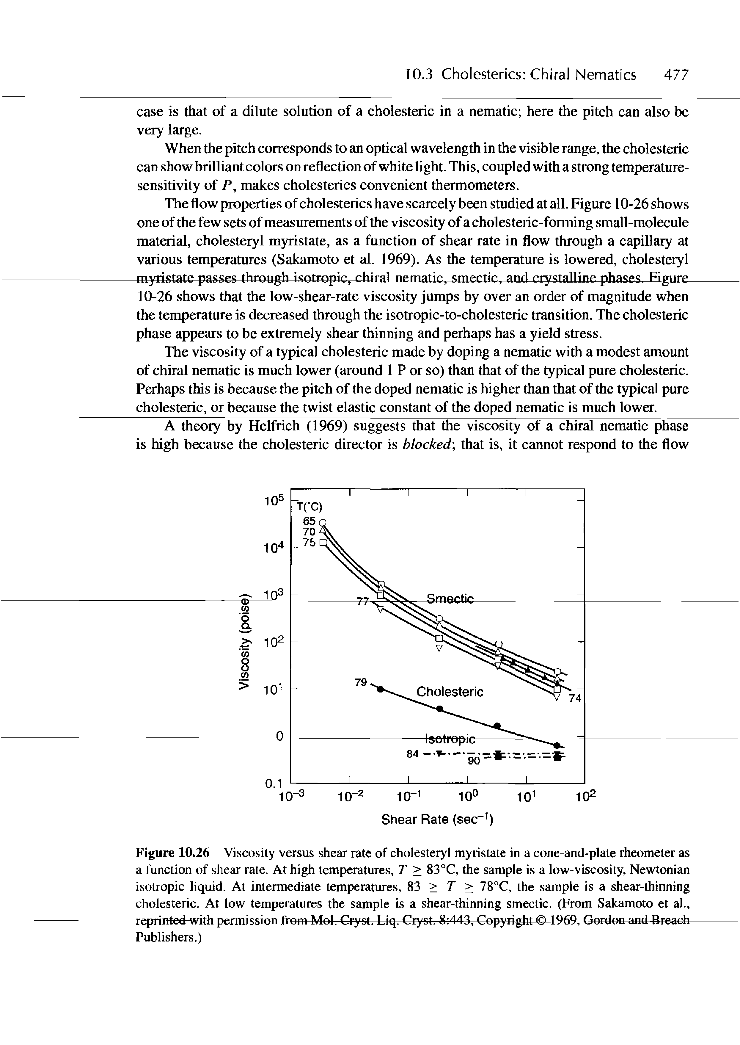 Figure 10.26 Viscosity versus shear rate of cholesteryl myristate in a cone-and-plate rheometer as a function of shear rate. At high temperatures, T > 83 C, the sample is a low-viscosity, Newtonian isotropic liquid. At intermediate temperatures, 83 > T > 78°C, the sample is a shear-thinning cholesteric. At low temperatures the sample is a shear-thinning smectic. (From Sakamoto et al., reprinted with permission from Mol. Cryst. Liq. Cryst. 8 443, Copyright 1969, Gordon and reach Publishers.)...