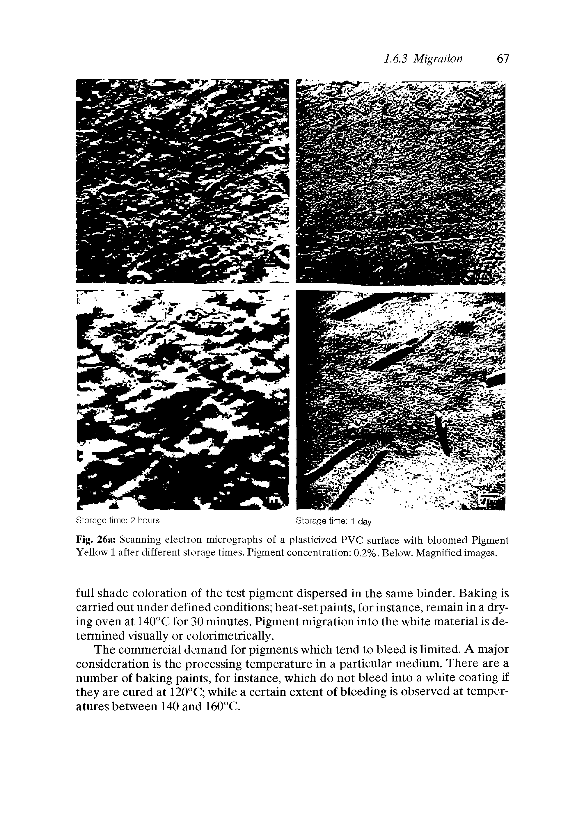 Fig. 26a Scanning electron micrographs of a plasticized PVC surface with bloomed Pigment Yellow 1 after different storage times. Pigment concentration 0.2%. Below Magnified images.
