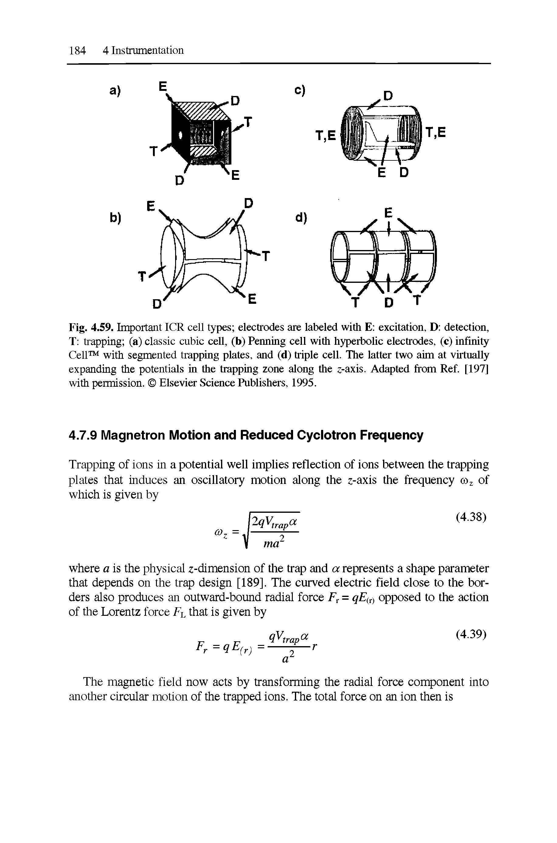 Fig. 4.59. Important ICR cell types electrodes are labeled with E excitation, D detection, T trapping (a) classic cubic ceU, (b) Penning cell with hyperbolic electrodes, (c) infinity Cell with segmented trapping plates, and (d) triple cell. The latter two aim at virtually expanding the potentials in the trapping zone along the z-axis. Adapted from Ref. [197] with permission. Elsevier Science Publishers, 1995.