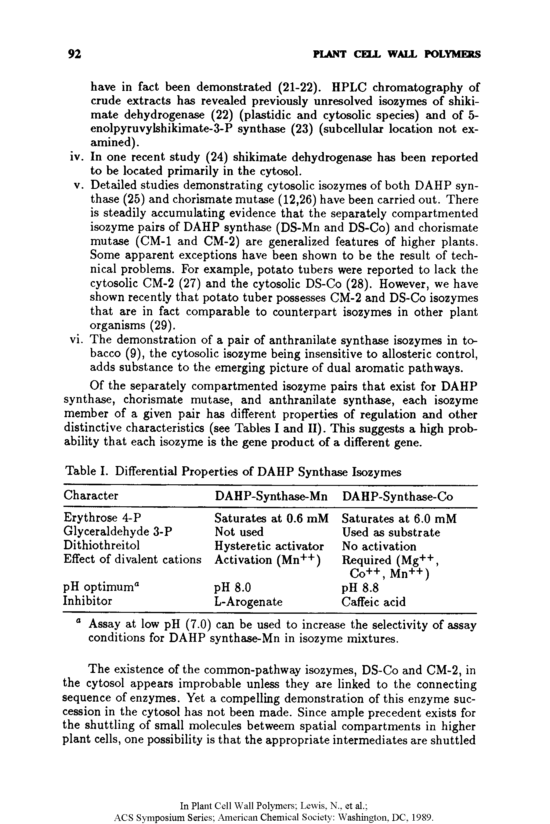 Table I. Differential Properties of DAHP Synthase Isozymes...