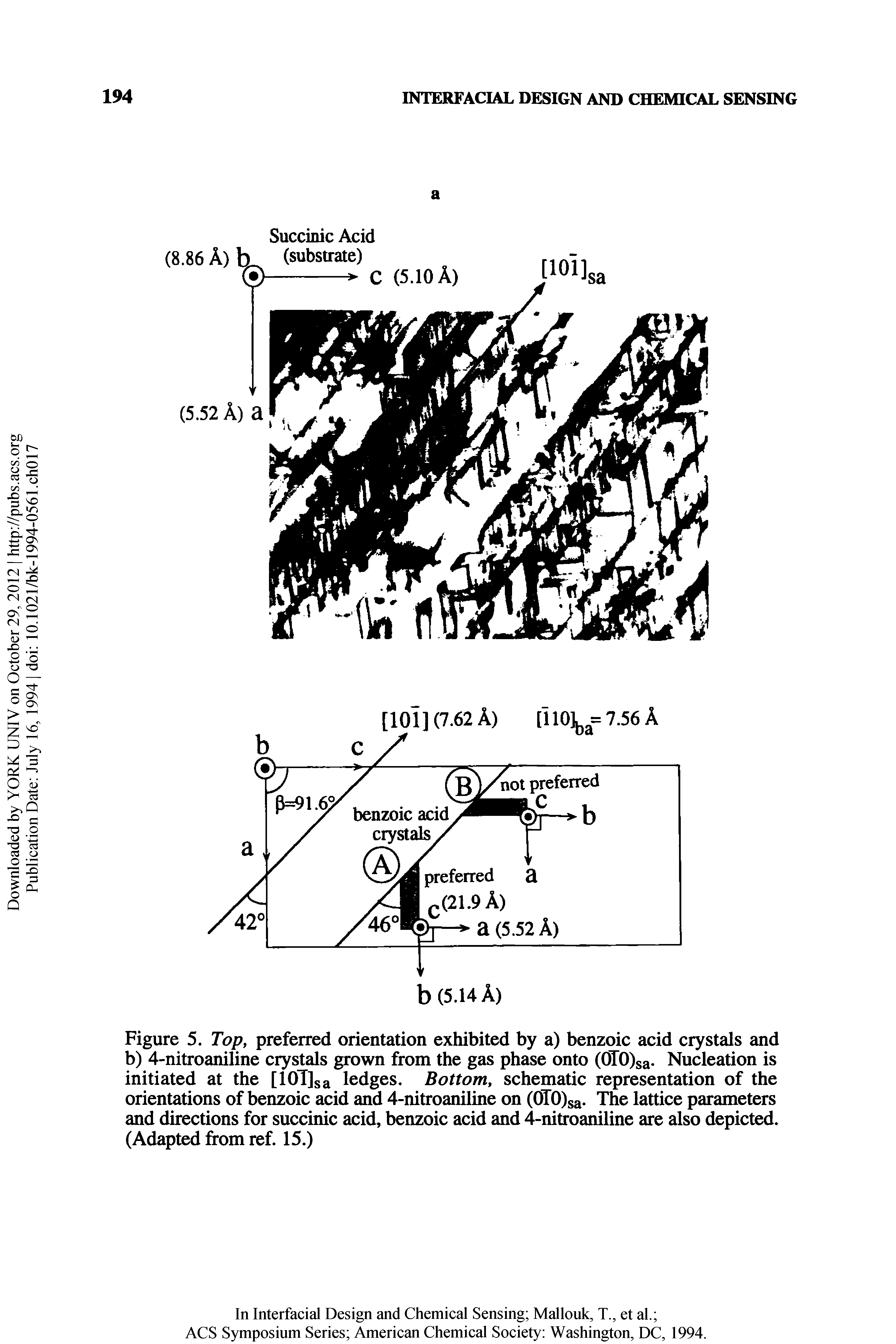 Figure 5. Top, preferred orientation exhibited by a) benzoic acid crystals and b) 4-nitroaniline crystals grown from the gas phase onto (OTO)sa- Nucleation is initiated at the [10T]sa ledges. Bottom, schematic representation of the orientations of benzoic acid and 4-nitroaniline on (OTO)sa. The lattice parameters and directions for succinic acid, benzoic acid and 4-nitroaniline are also depicted. (Adapted from ref. 15.)...
