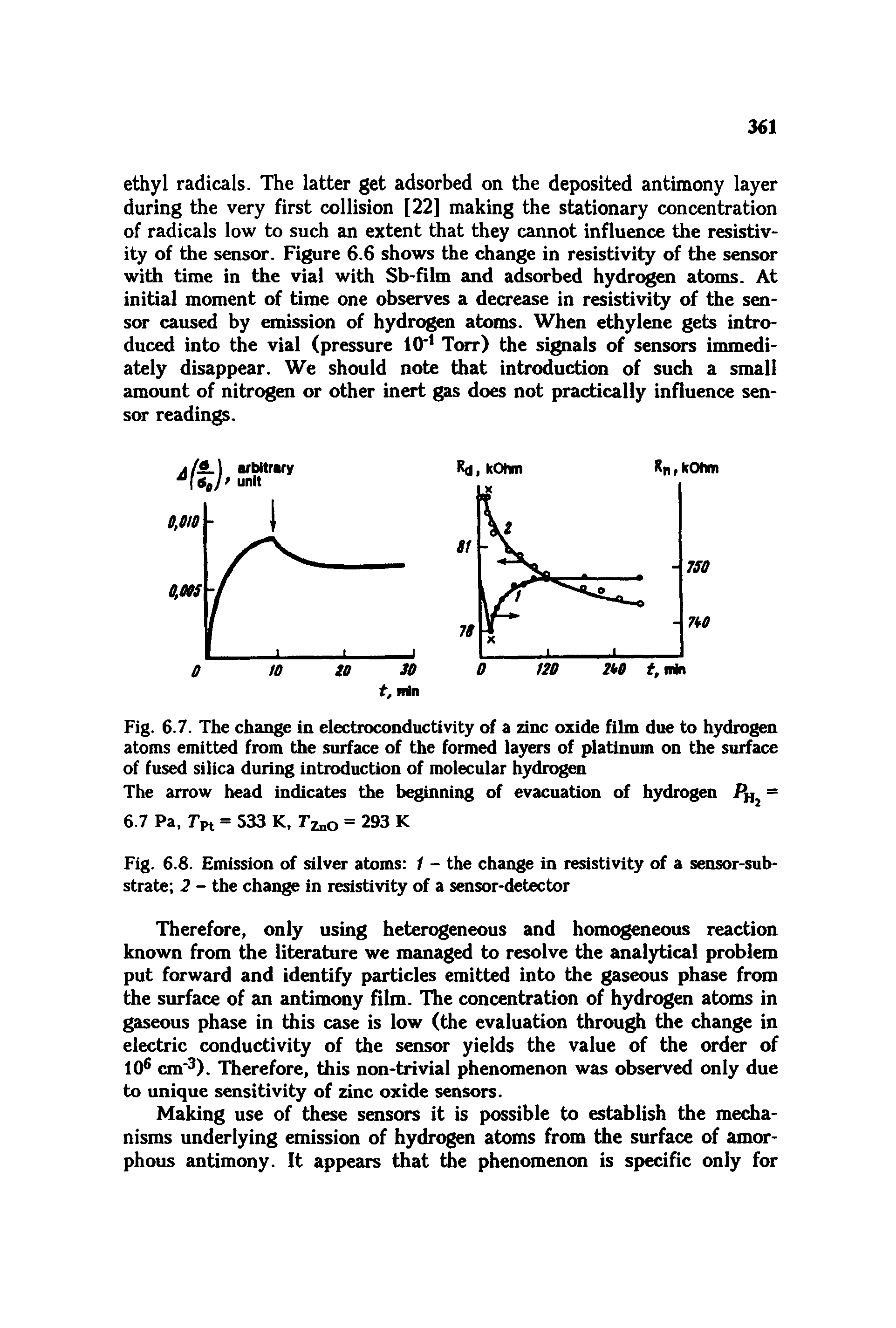 Fig. 6.7. The change in electroconductivity of a zinc oxide film due to hydrogen atoms emitted from the surface of the formed layers of platinum on the surface of fused silica during introduction of molecular hydrogen The arrow head indicates the beginning of evacuation of hydrogen...