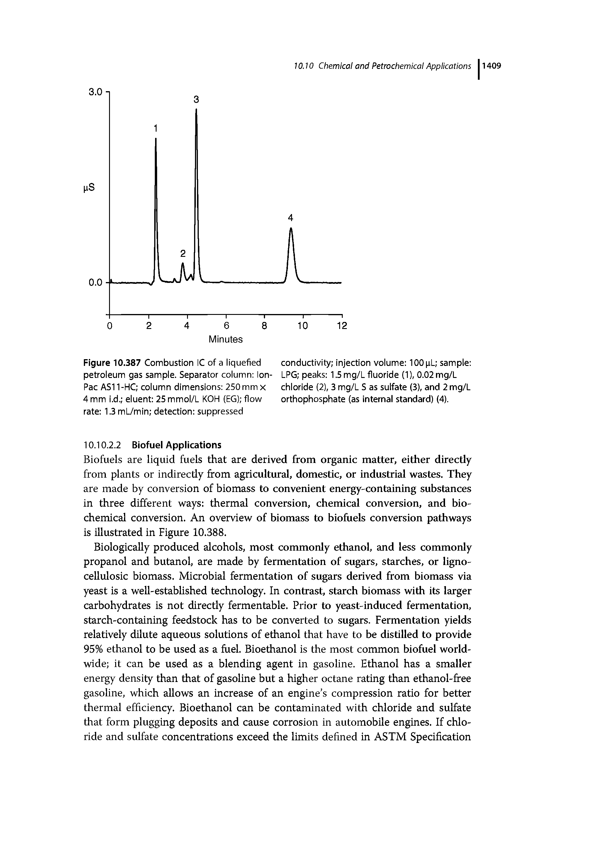 Figure 10.387 Combustion 1C of a liquefied conductivity injection volume 100 (iL sample petroleum gas sample. Separator column Ion- LPG peaks 15 mg/L fluoride (1), 0.02 mg/L Pac AS11 -HC column dimensions 250 mm x chloride (2), 3 mg/L S as sulfate (3), and 2 mg/L...