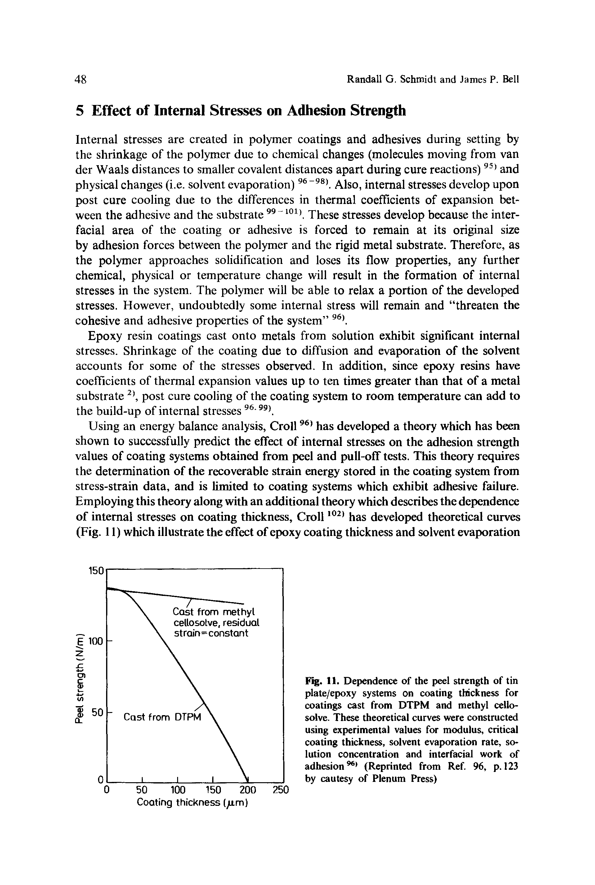 Fig. 11. Dependence of the peel strength of tin plate/epoxy systems on coating thickness for coatings cast from DTPM and methyl cello-solve. These theoretical curves were constructed using experimental values for modulus, critical coating thickness, solvent evaporation rate, solution concentration and interfacial work of adhesion96 (Reprinted from Ref. 96, p. 123 by cautesy of Plenum Press)...