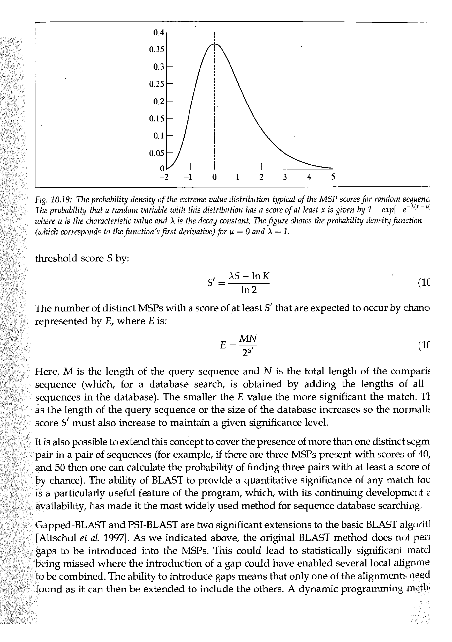 Fig. 10.19 The probability density of the extreme value distribution typical of the MSP scores for random sequena The probability that a random variable with this distribution has a score of at least x is given by 1 - exp[-e -where u is the characteristic value and A is the decay constant. The figure shows the probability density function (which corresponds to the function s first derivative) for u = 0 and A = 1.