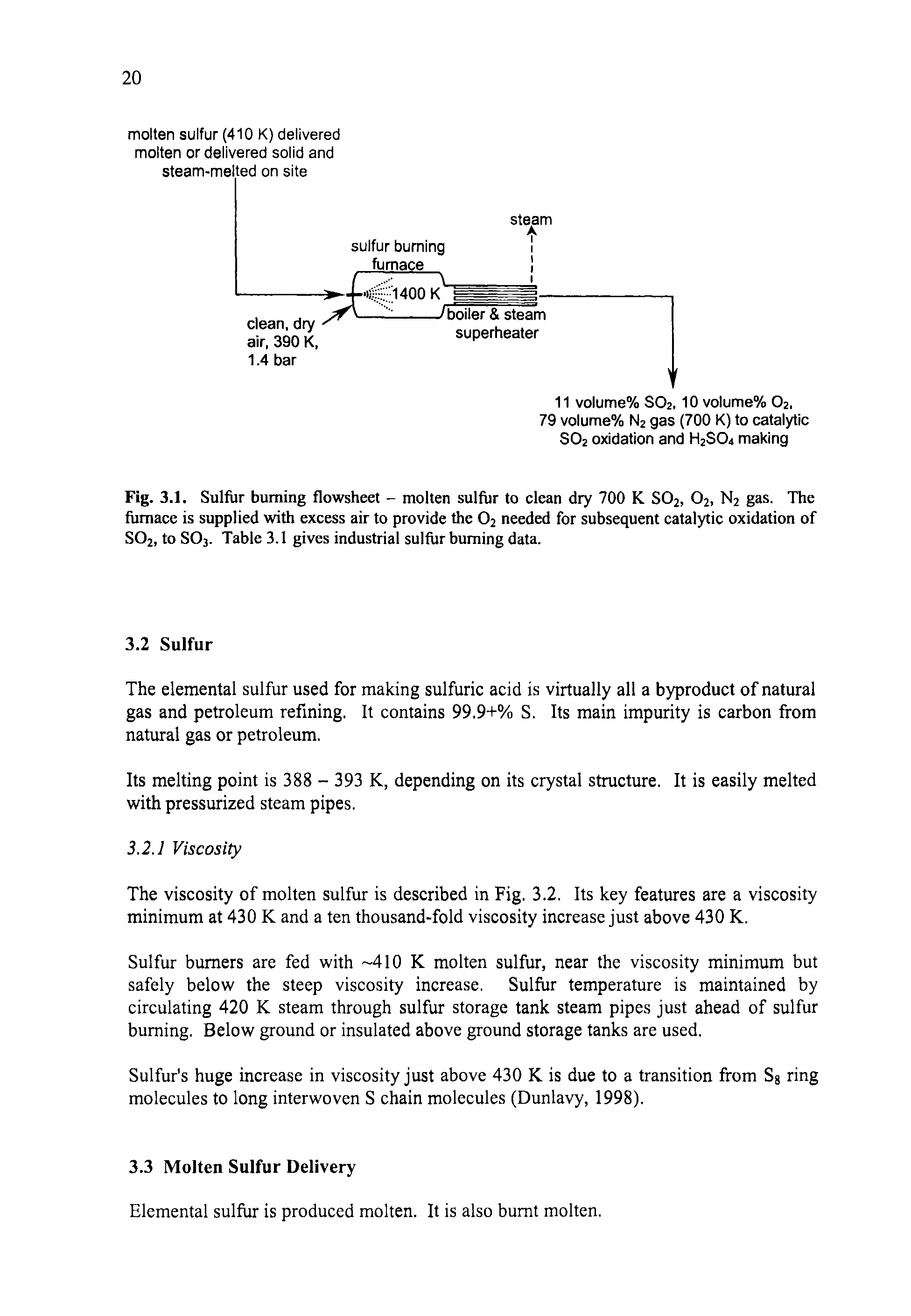 Fig. 3.1. Sulfur burning flowsheet - molten sulfur to clean dry 700 K S02, 02, N2 gas. The furnace is supplied with excess air to provide the 02 needed for subsequent catalytic oxidation of S02, to SO3. Table 3.1 gives industrial sulfur burning data.