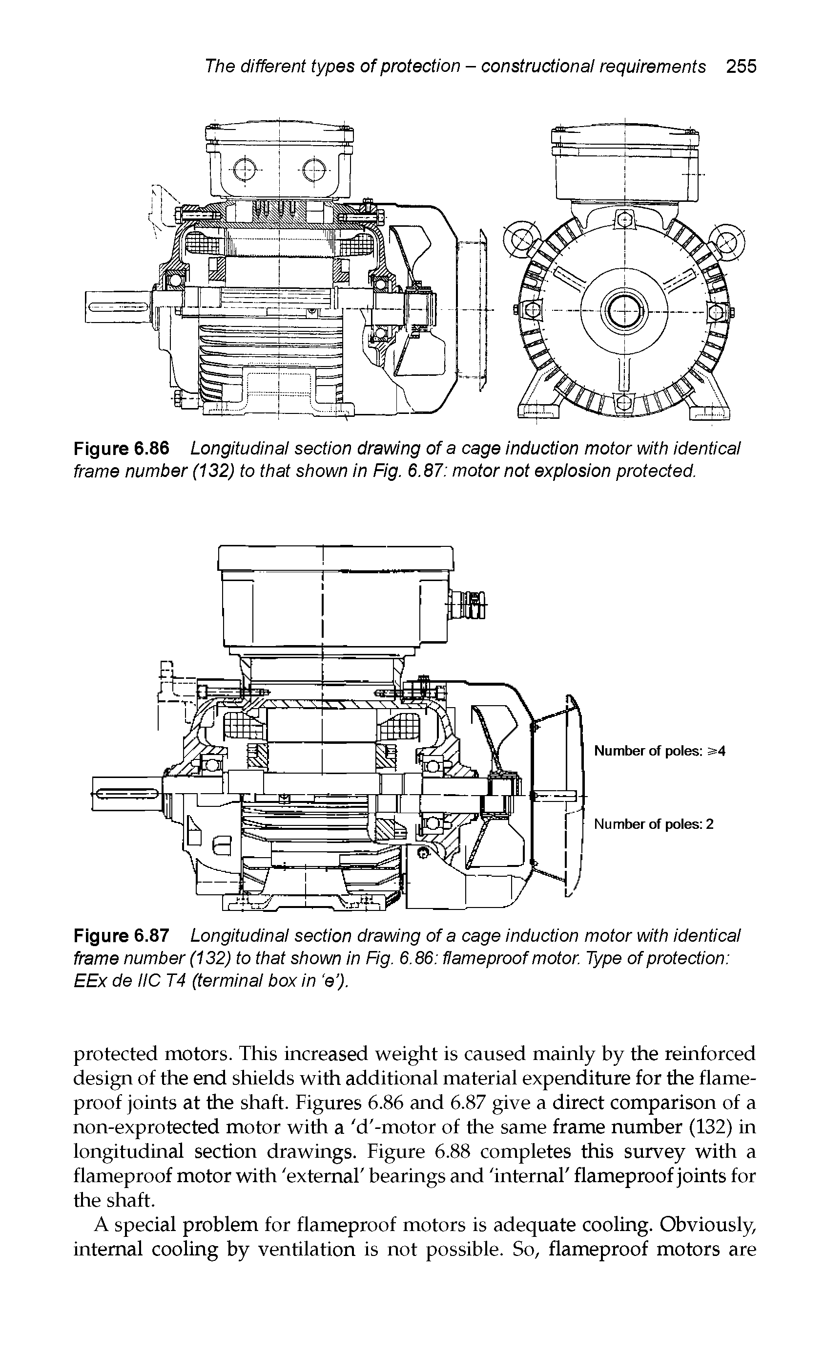 Figure 6.87 Longitudinal section drawing of a cage induction motor with identical frame number (132) to that shown in Fig. 6.86 flameproof motor. Type of protection EEx de IIC T4 (terminal box in e ).